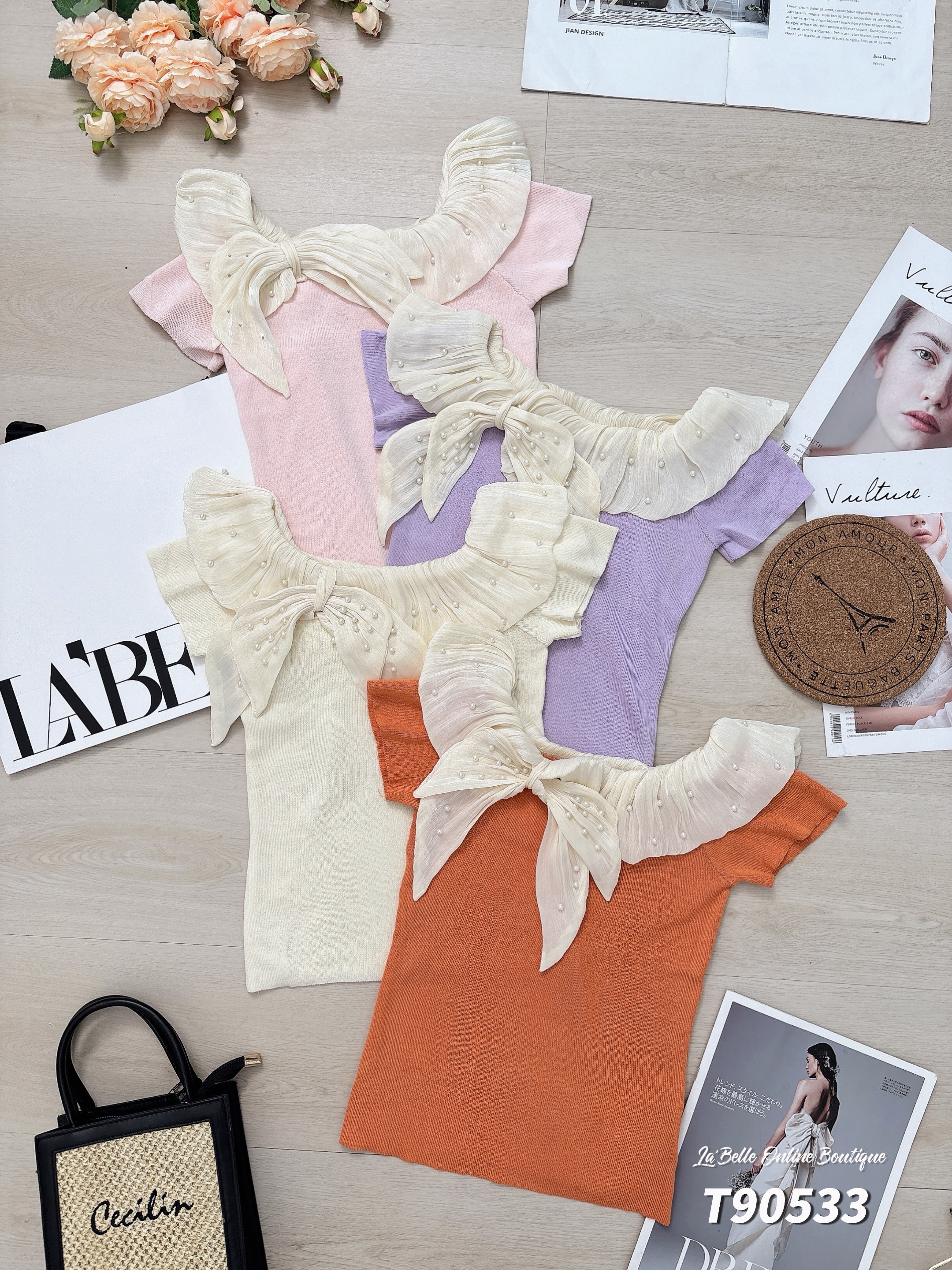 甜美两穿设计珍珠蝴蝶结上衣 (T90533)