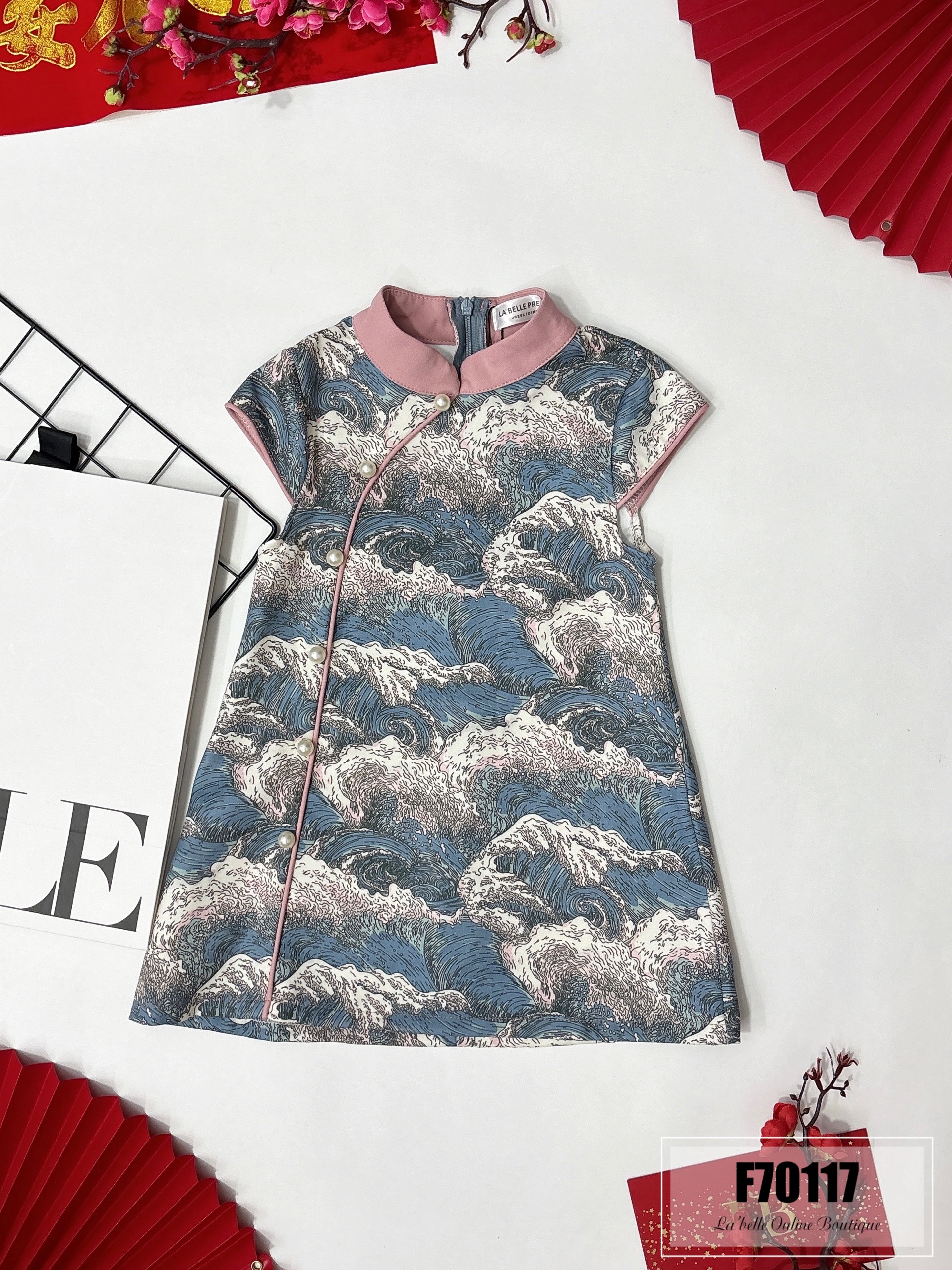 【LBP亲子系列】可爱海浪纹珍珠设计改良版旗袍连身裙【女儿版】（F70117）