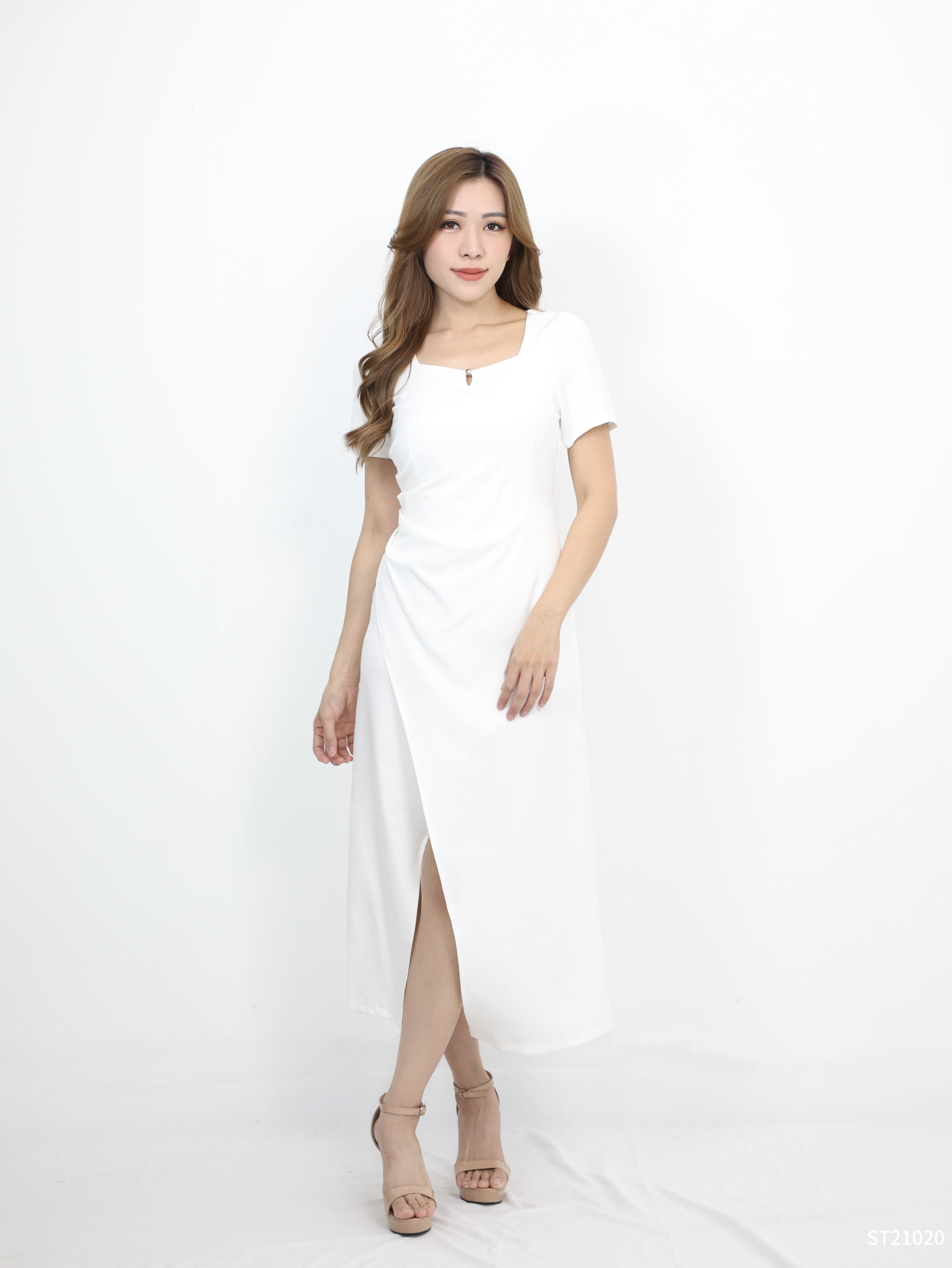 法式方领开叉设计连身裙 (ST21020)  - 特价 【不接受更换】-La'Belle Fashion Boutique Sdn Bhd
