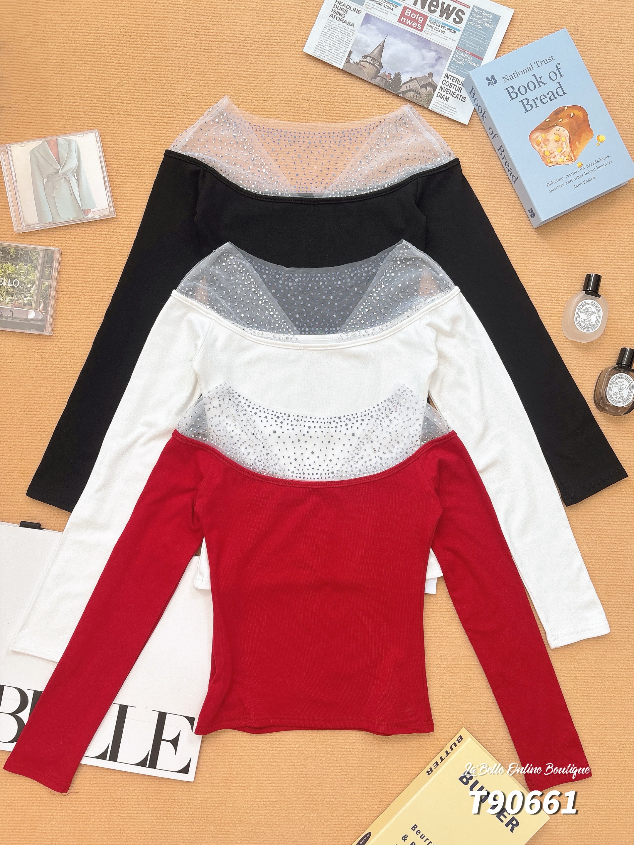 绝美V领烫钻拼接设计长袖上衣 (T90661)