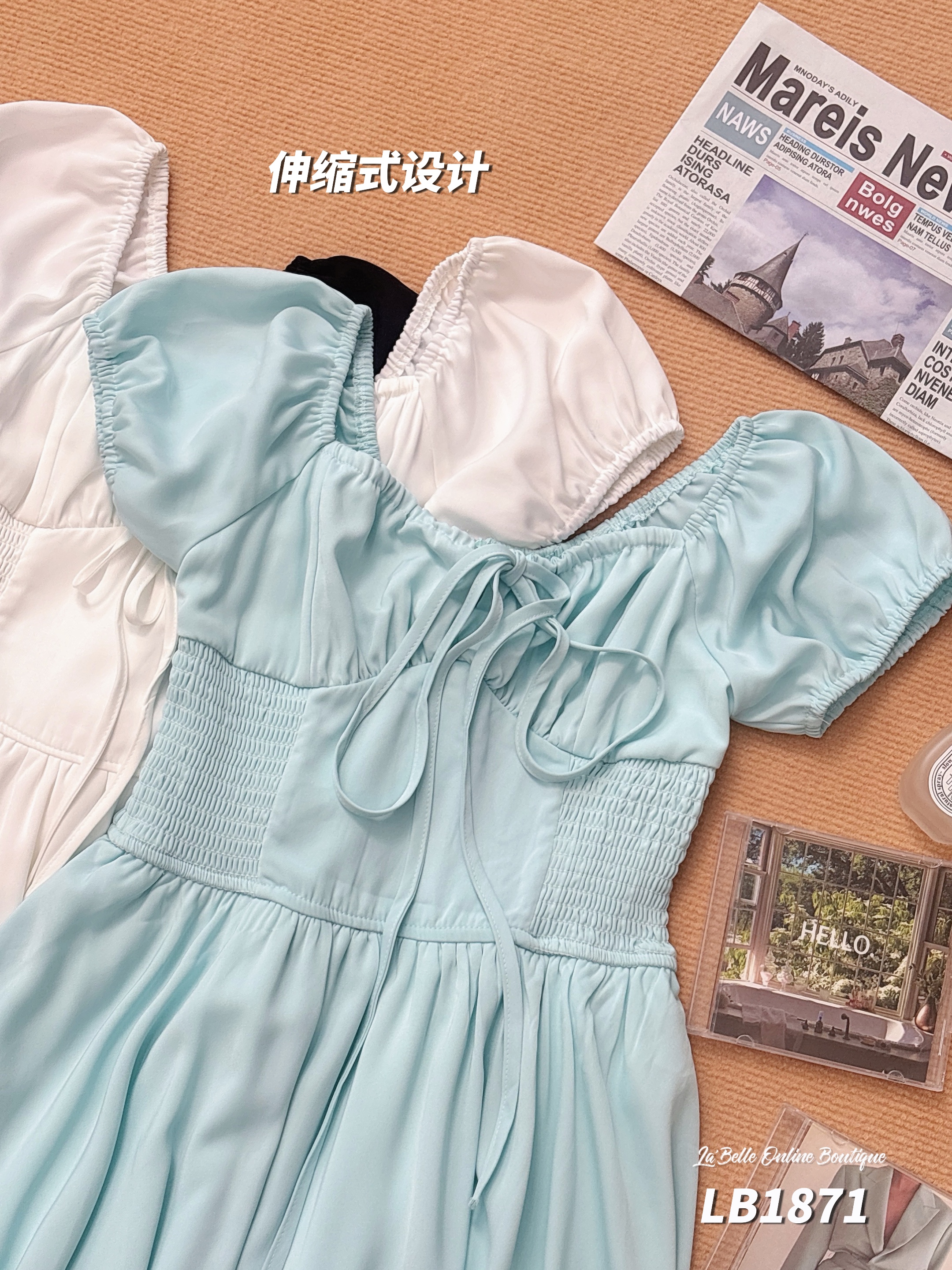 时尚ins风花苞裙摆收腰连身裙 (LB1871)