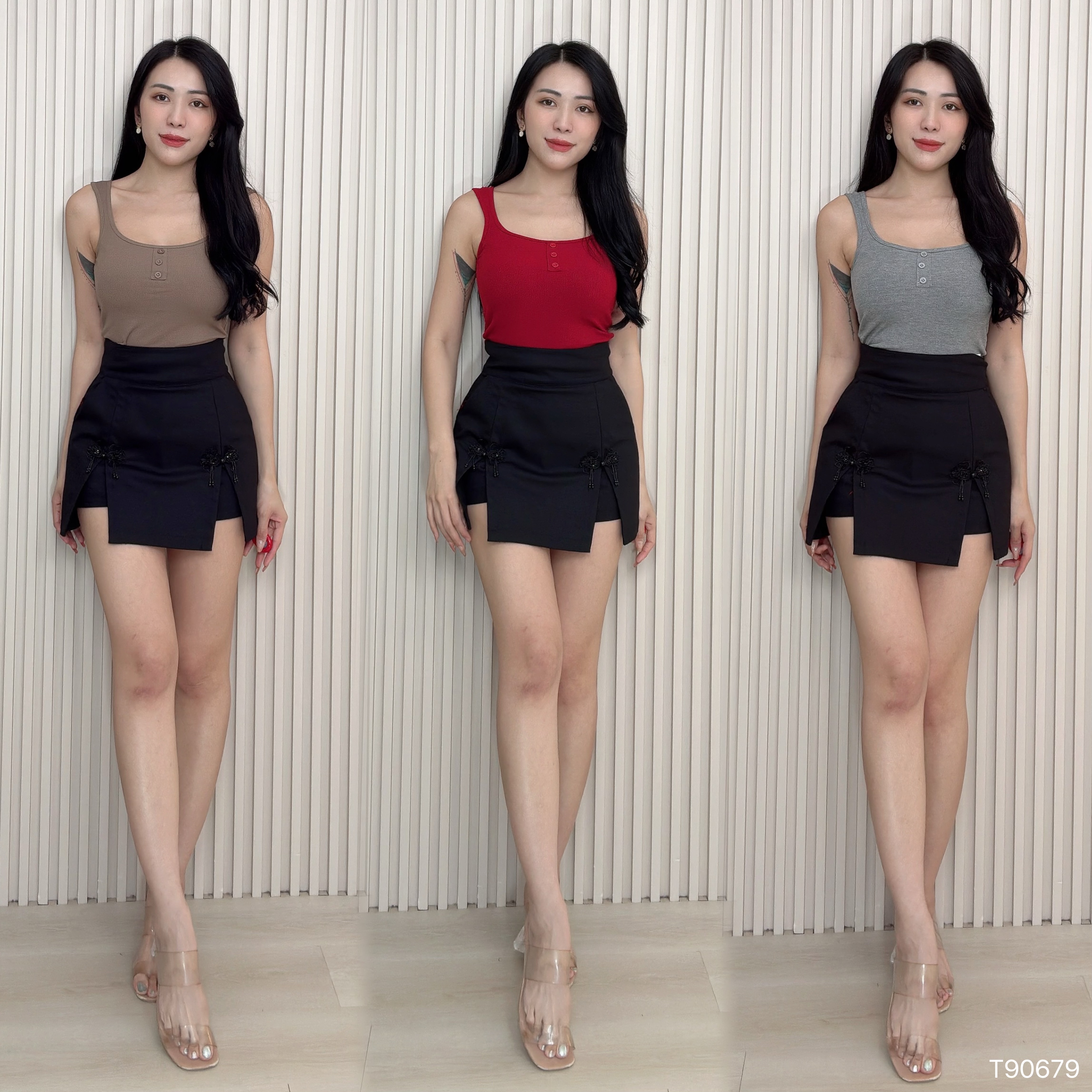 百搭纯色纽扣方领设计上衣（T90679）