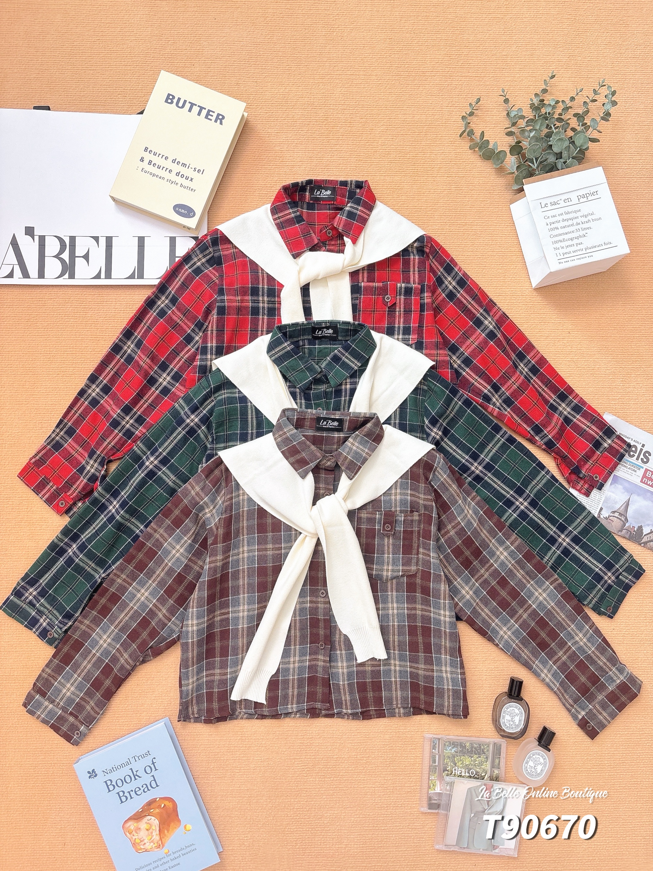 复古格子披肩设计长袖上衣 (T90670)