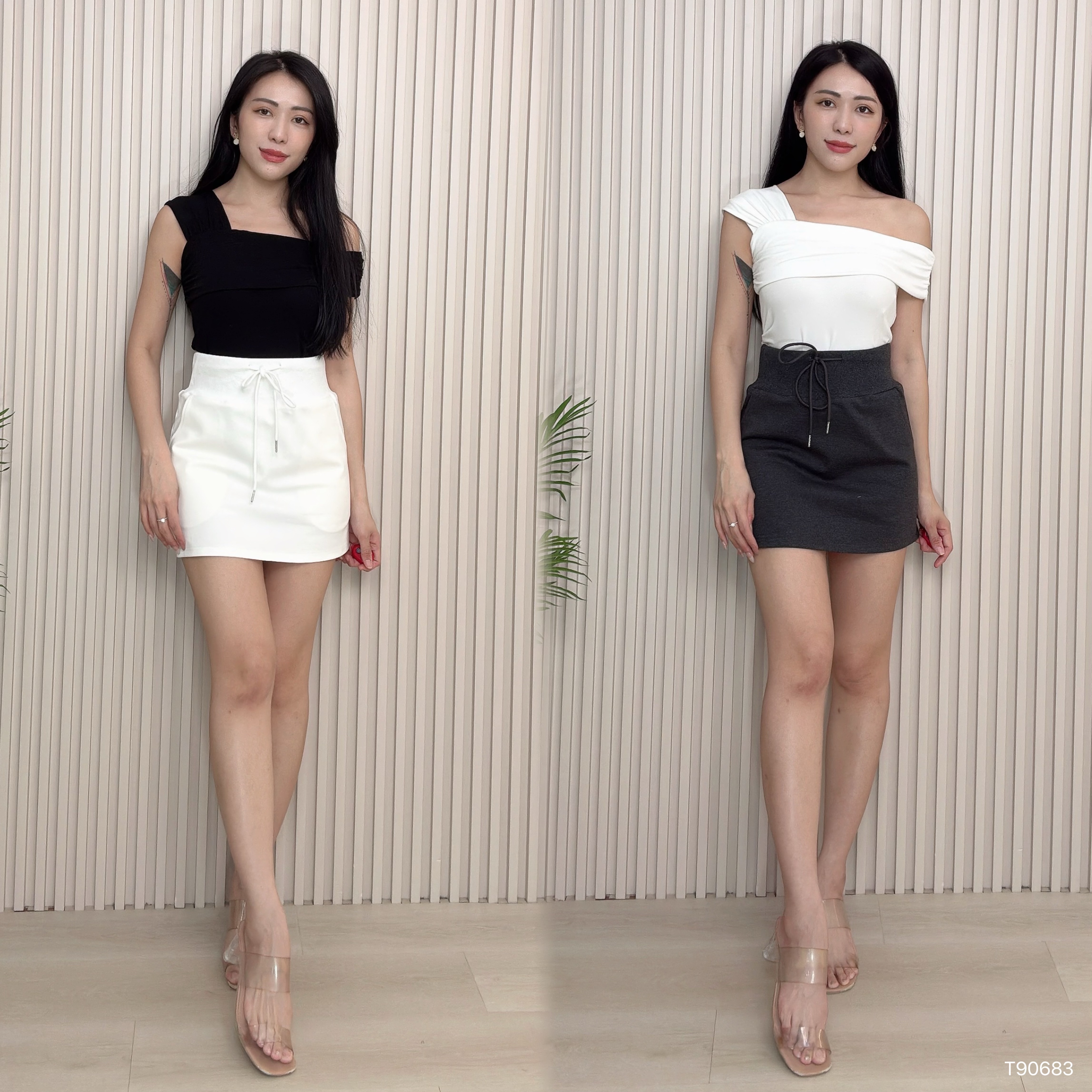 百搭纯色斜肩露锁骨设计上衣 (T90683)