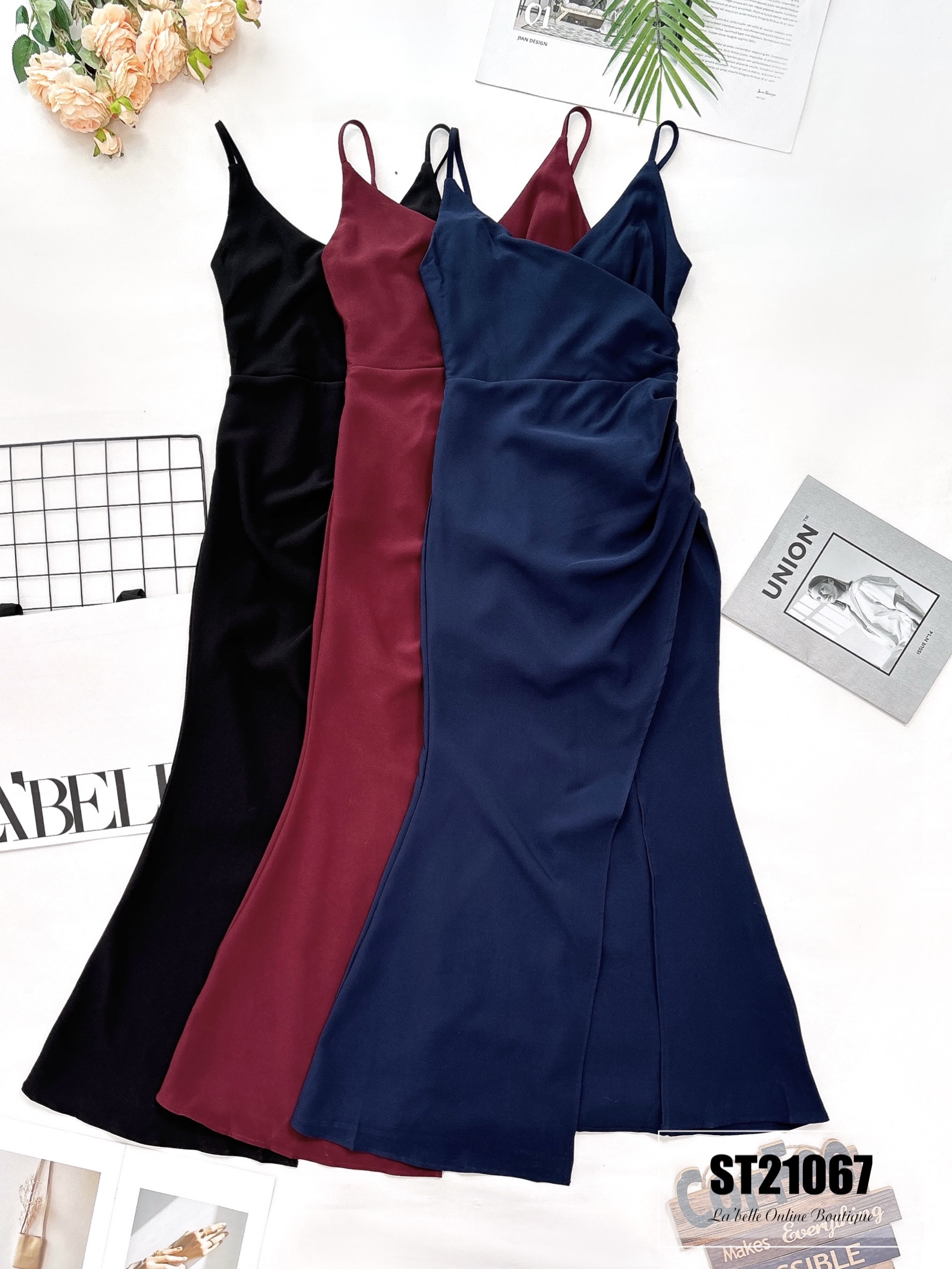 【LBP独家】不规则开叉皱褶设计连身长裙 (ST21067)-La'Belle Fashion Boutique Sdn Bhd