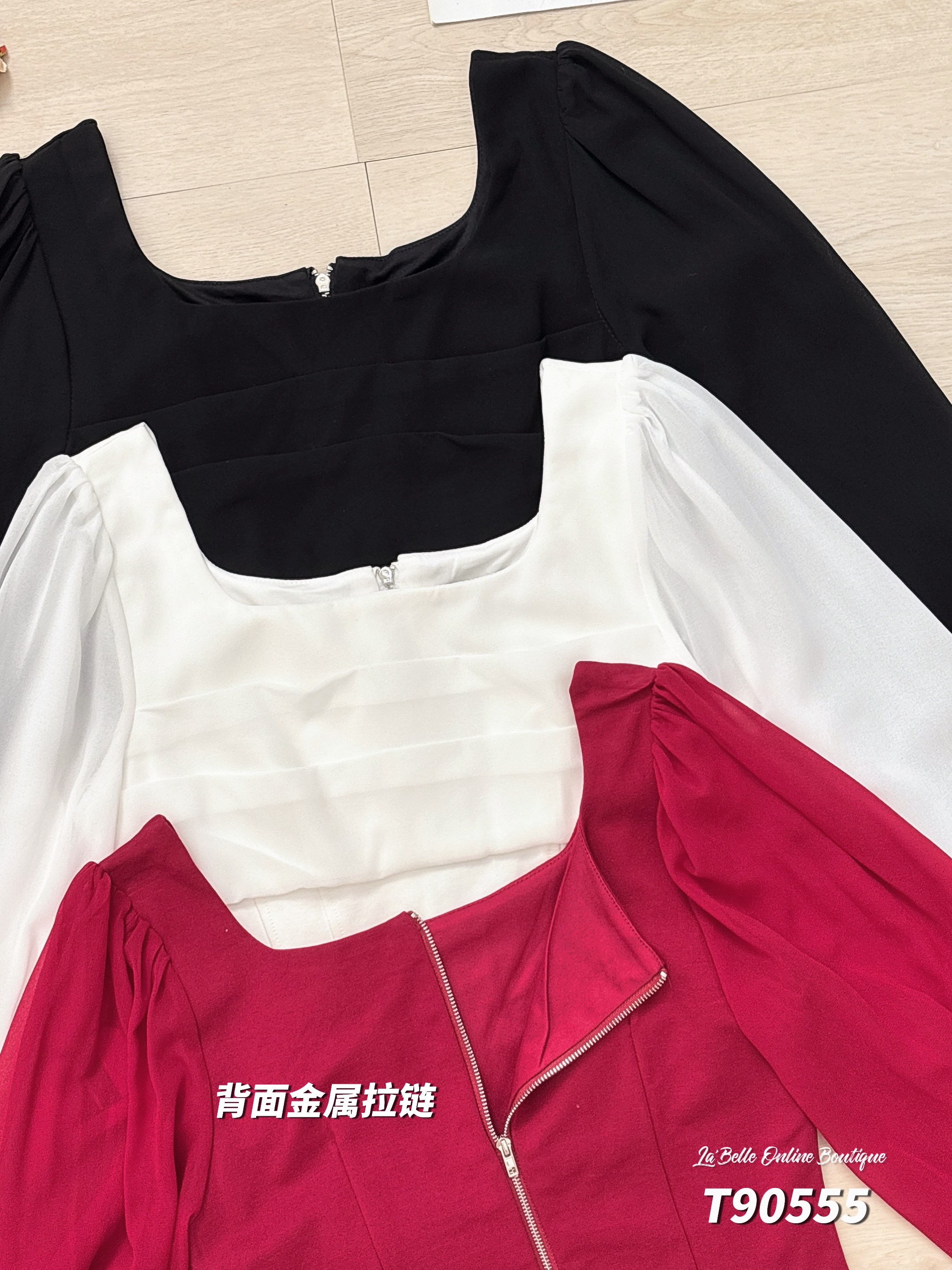 法式甜美方领短版长袖上衣 (T90555)