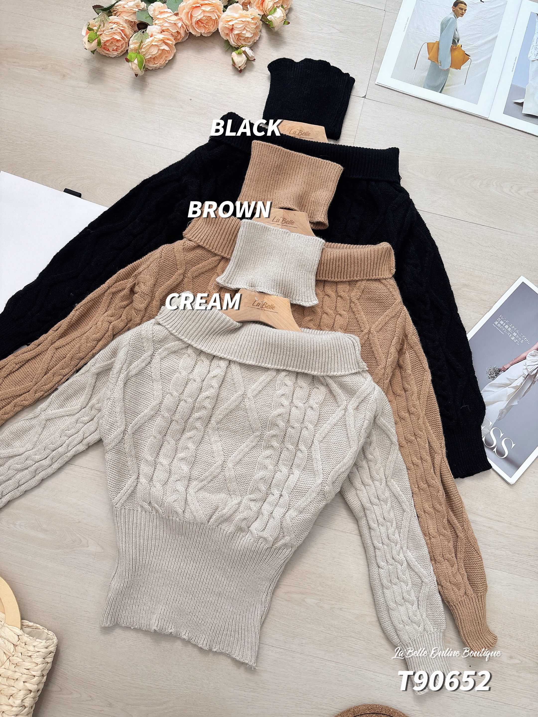 轻奢感麻花纹一字肩长袖上衣 (T90652)