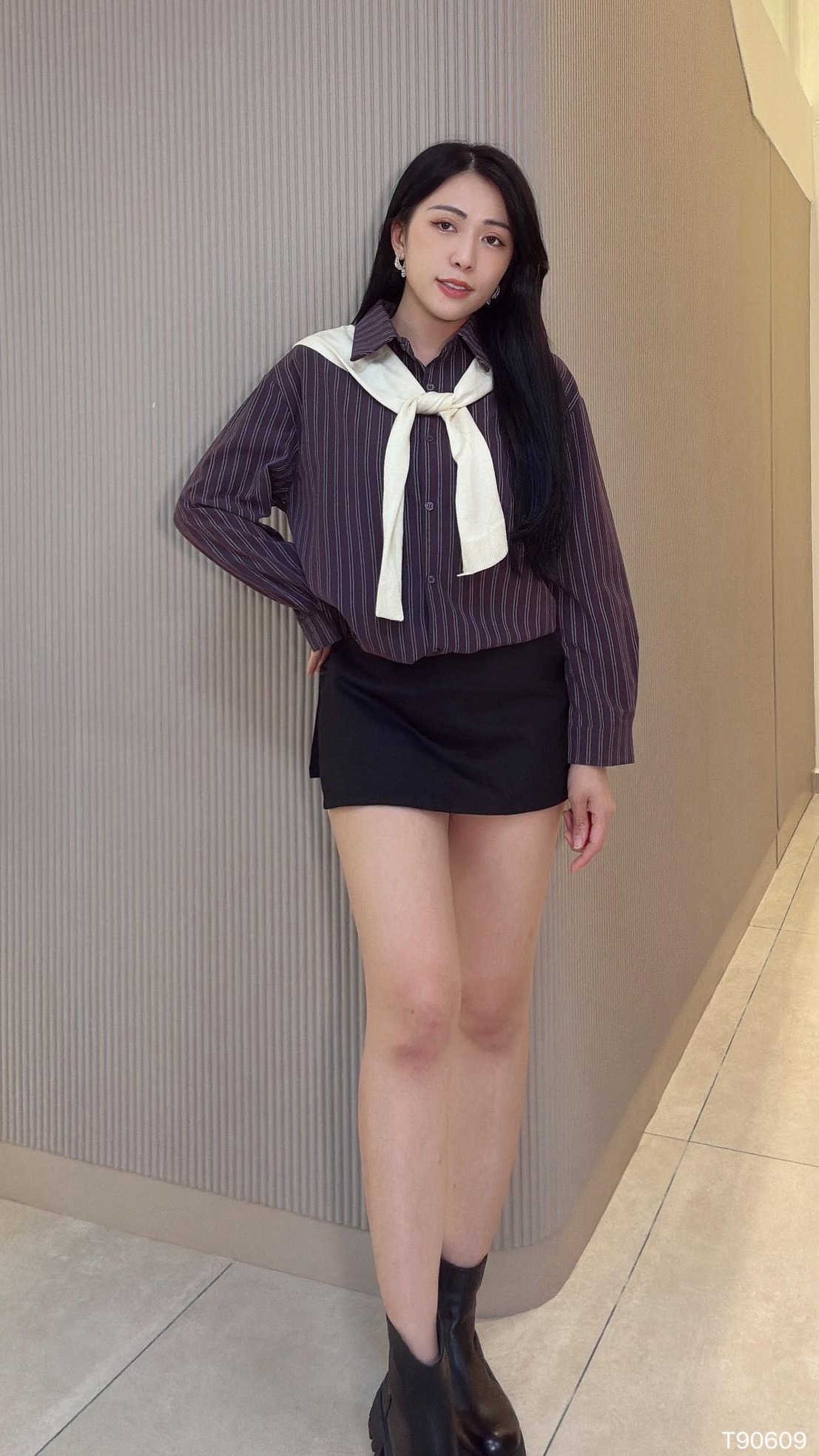 韩系条纹披肩设计长袖上衣 (T90609)