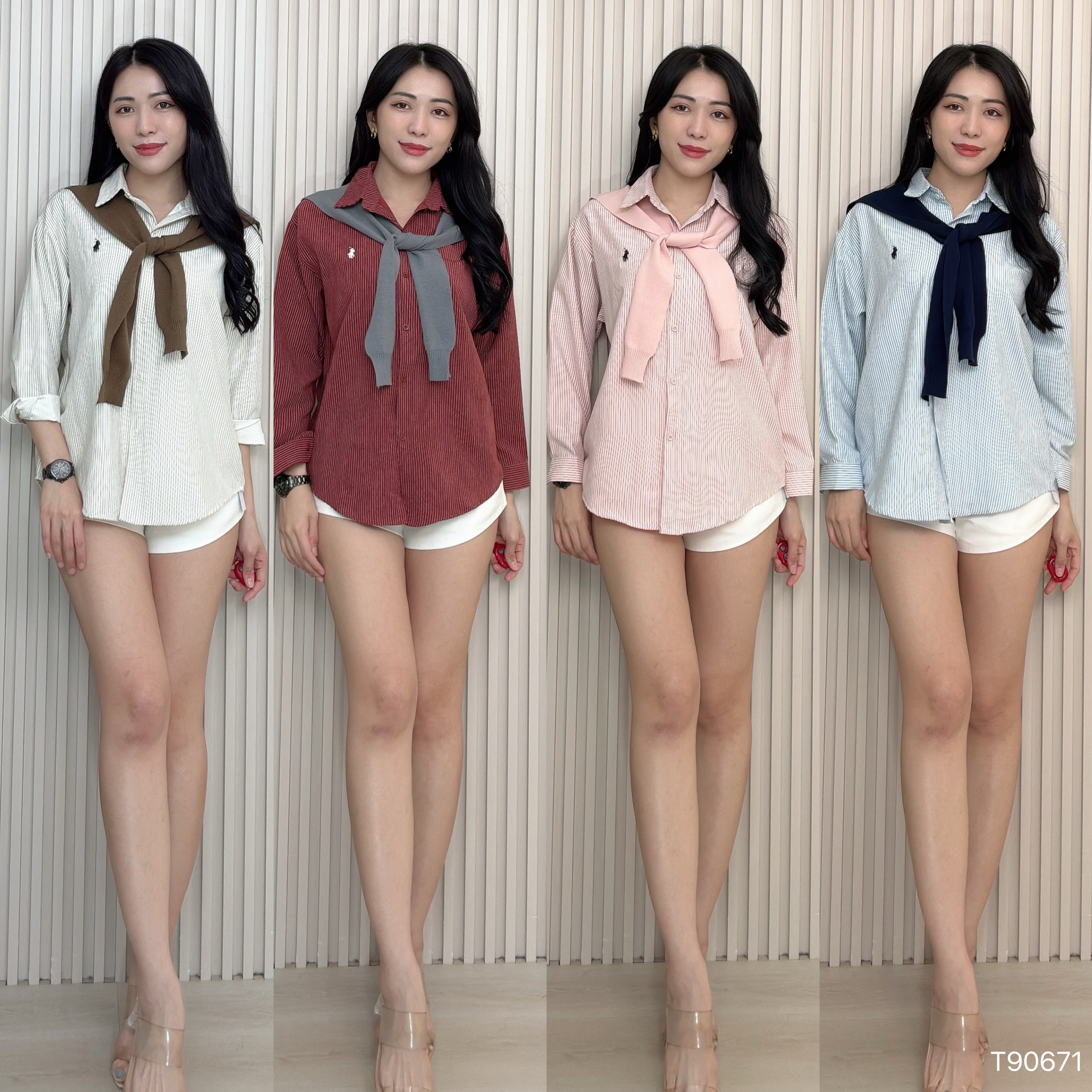 韩系刺绣条纹设计长袖衬衫 (T90671)