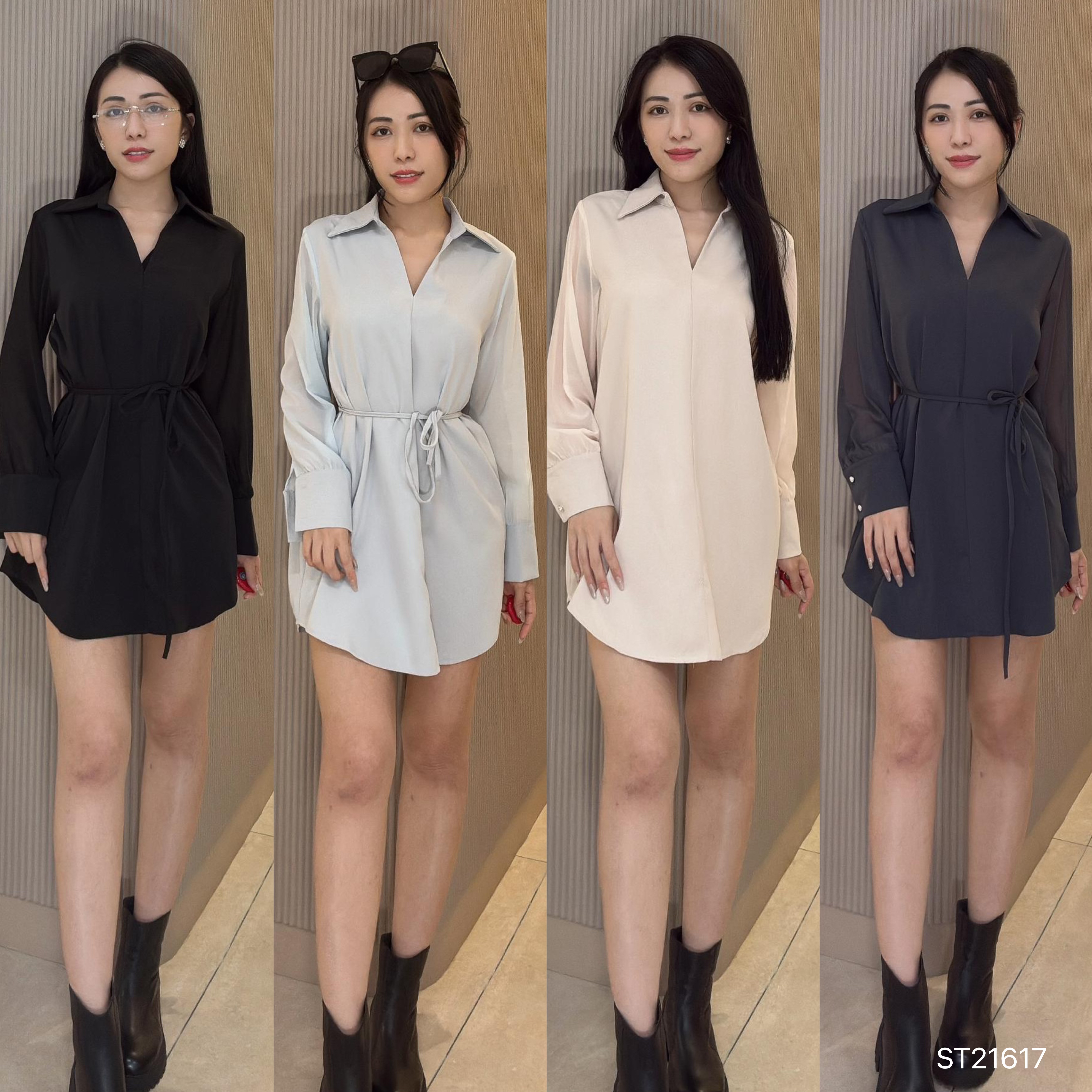 韩系V领宽松设计长袖连身裙  (ST21617)