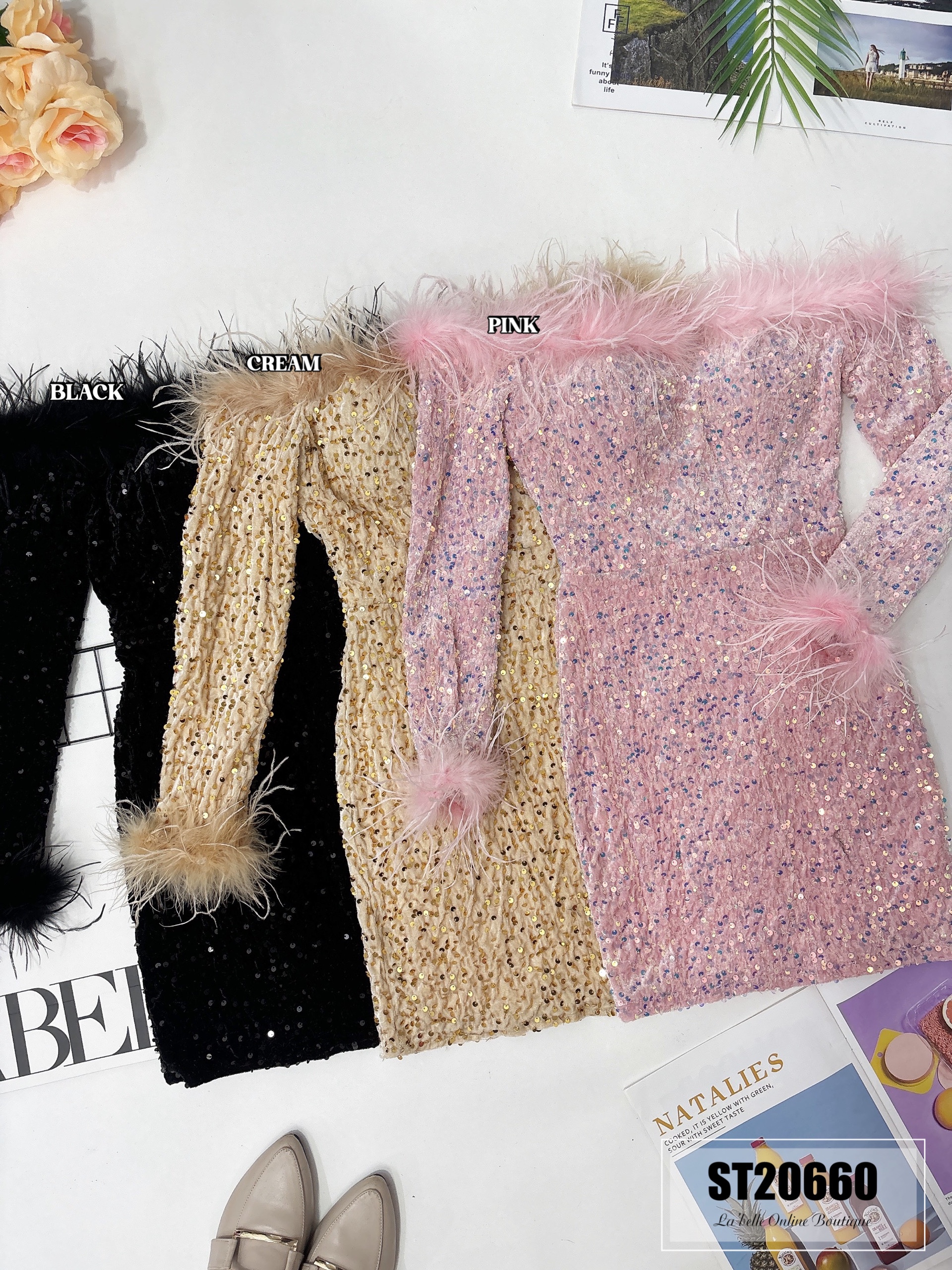 【LBP独家】性感闪亮亮毛毛边露肩设计连身裙（ST20660）