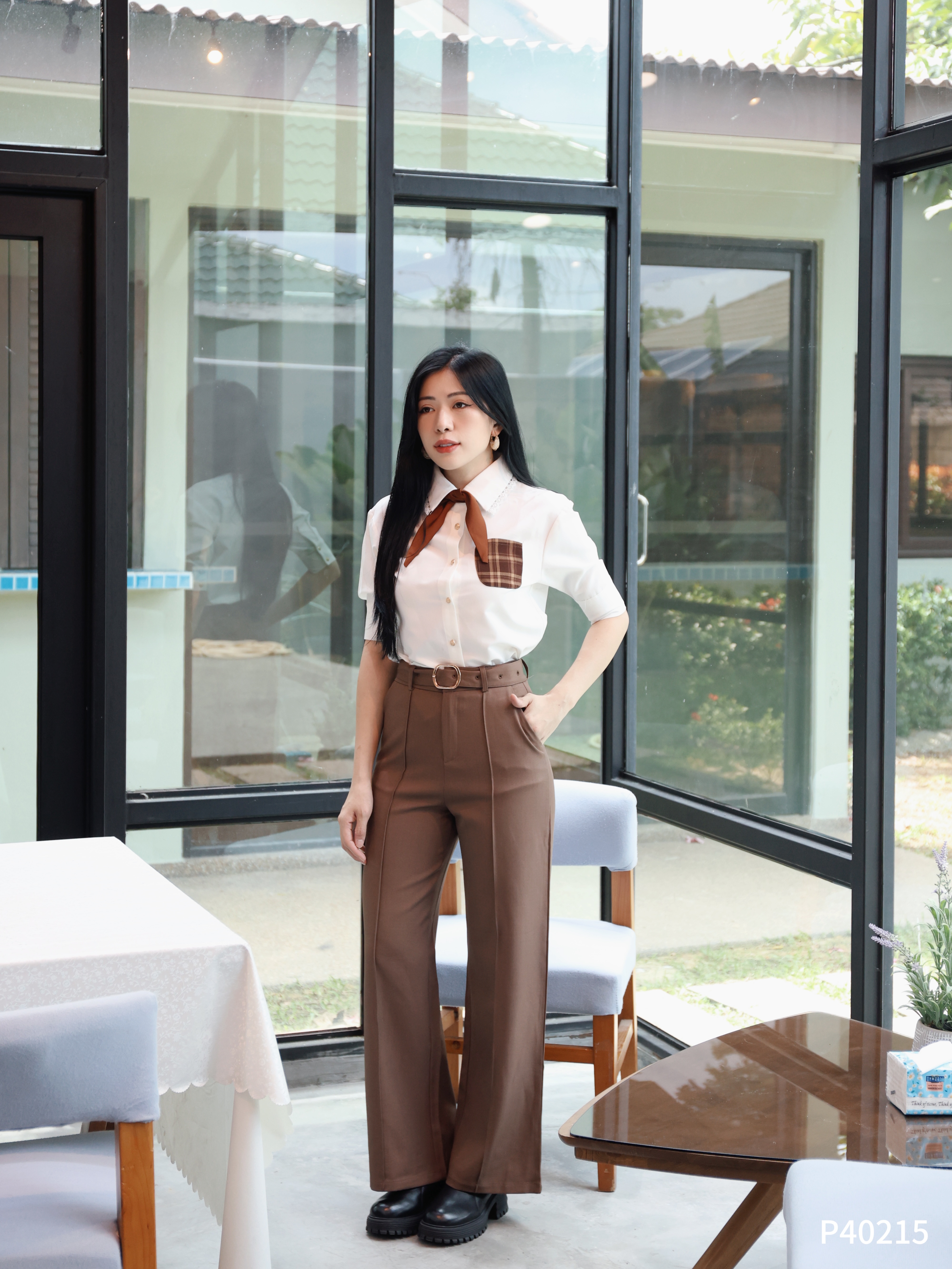 【LATTE NOON】高级感OL风高腰直筒阔腿长裤 (P40215)