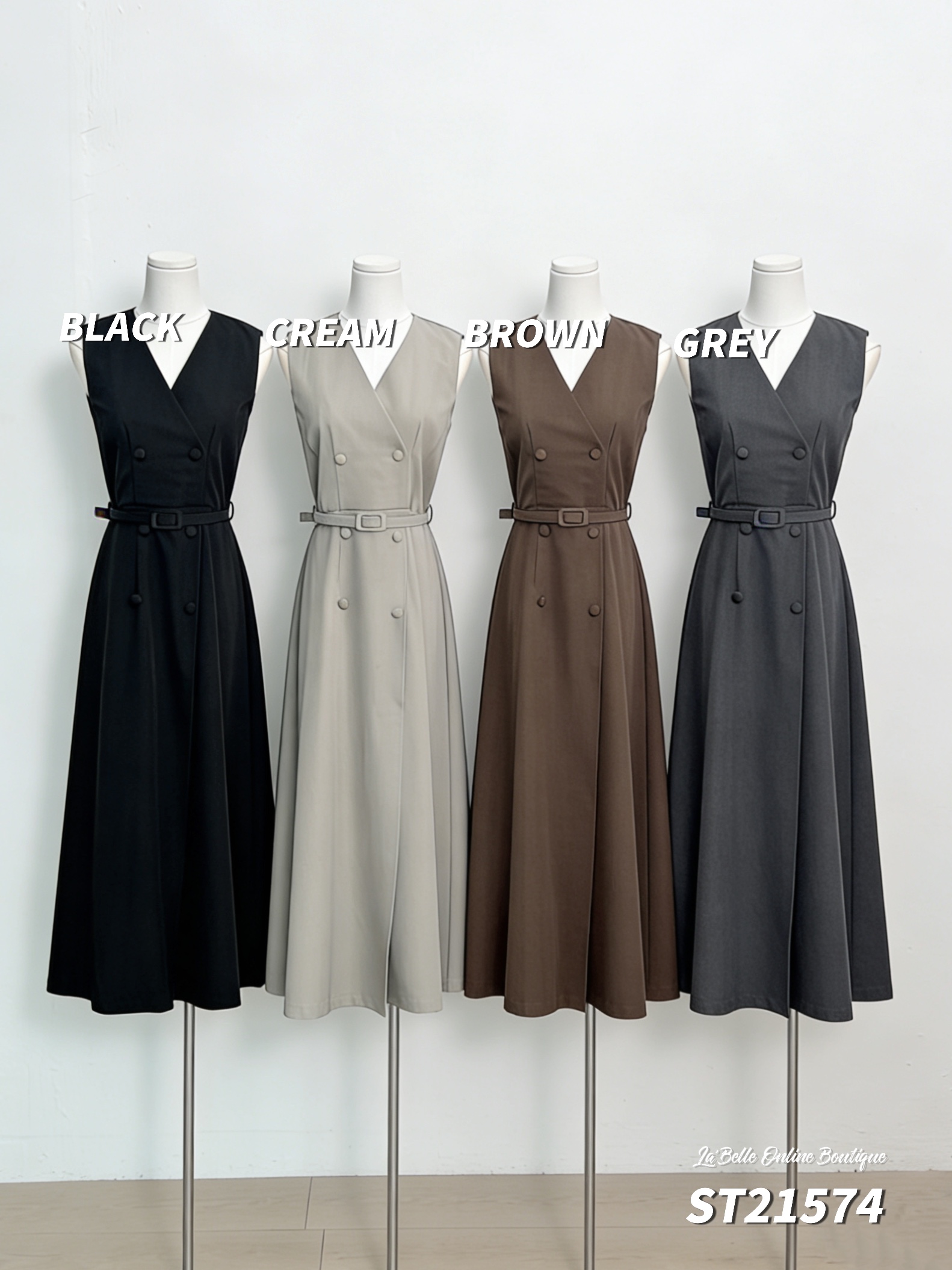 高级感马甲交叉V领设计连身裙 (ST21574)