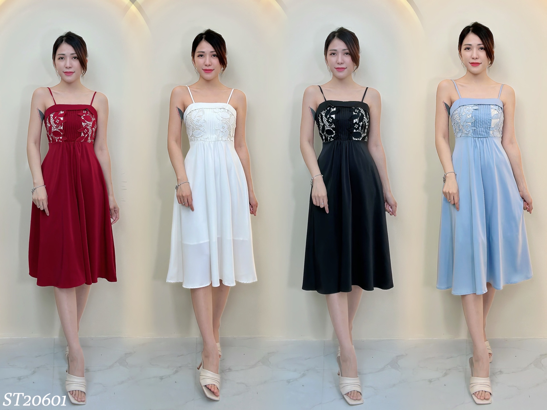 高贵蕾丝拼接设计七分连身裙（ST20601）