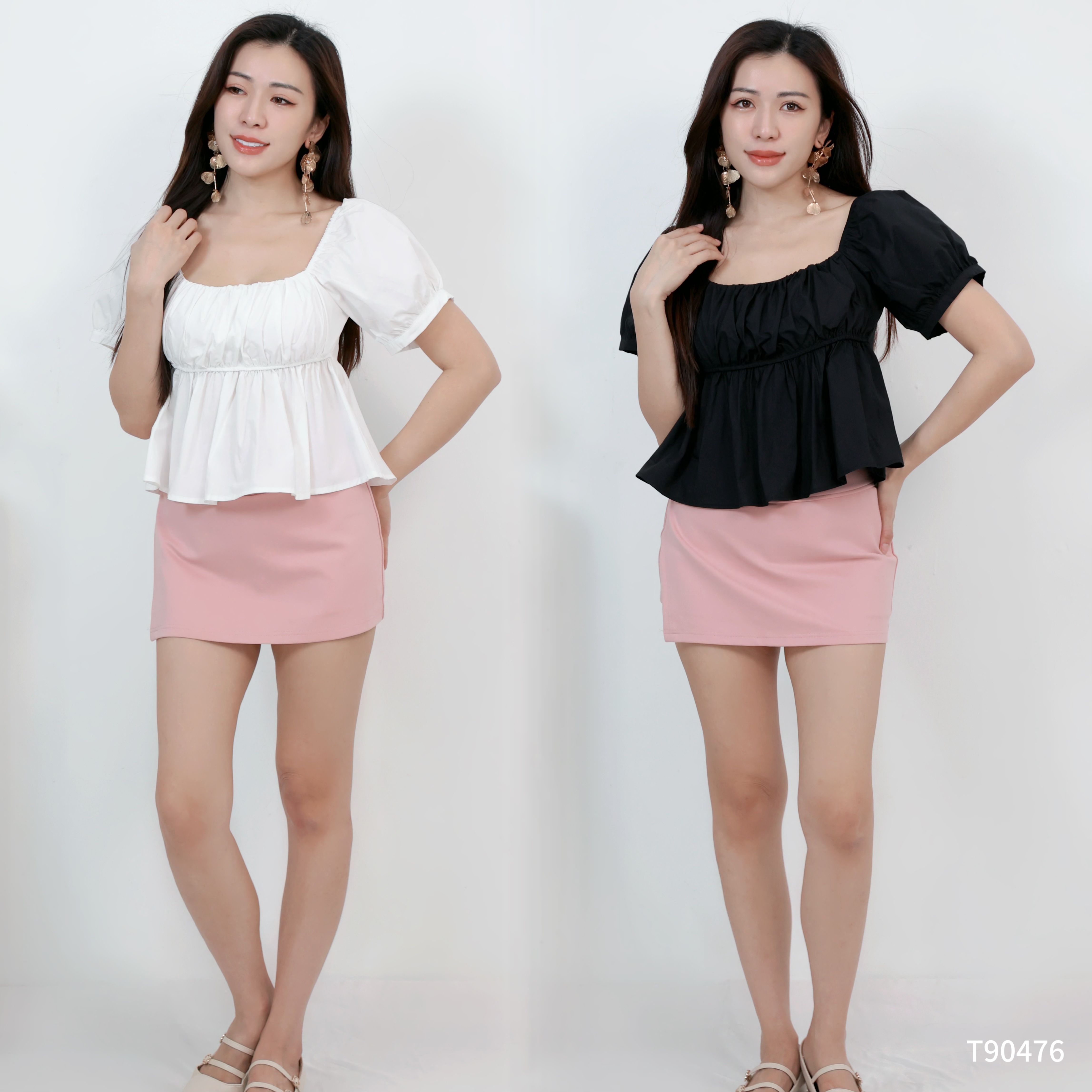 甜美褶皱两穿设计泡泡袖上衣 (T90476)