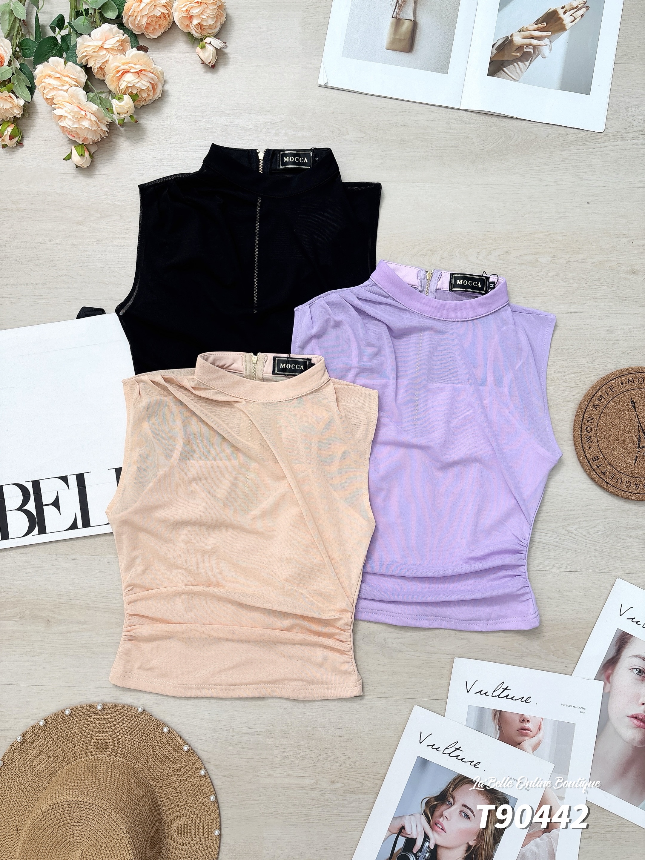 气质褶皱微透设计圆领无袖上衣 (T90442)