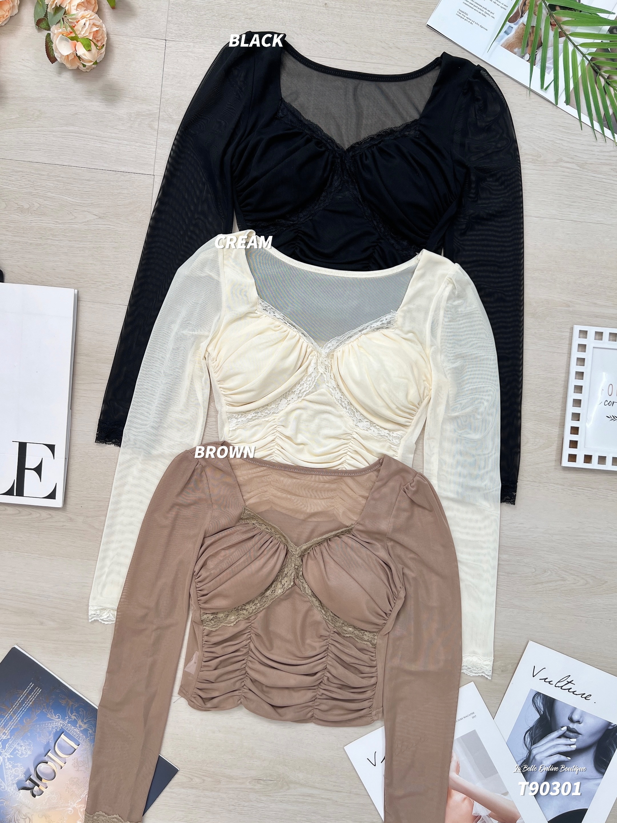 性感微透蕾丝拼接长袖上衣 (T90301)-La'Belle Fashion Boutique Sdn Bhd