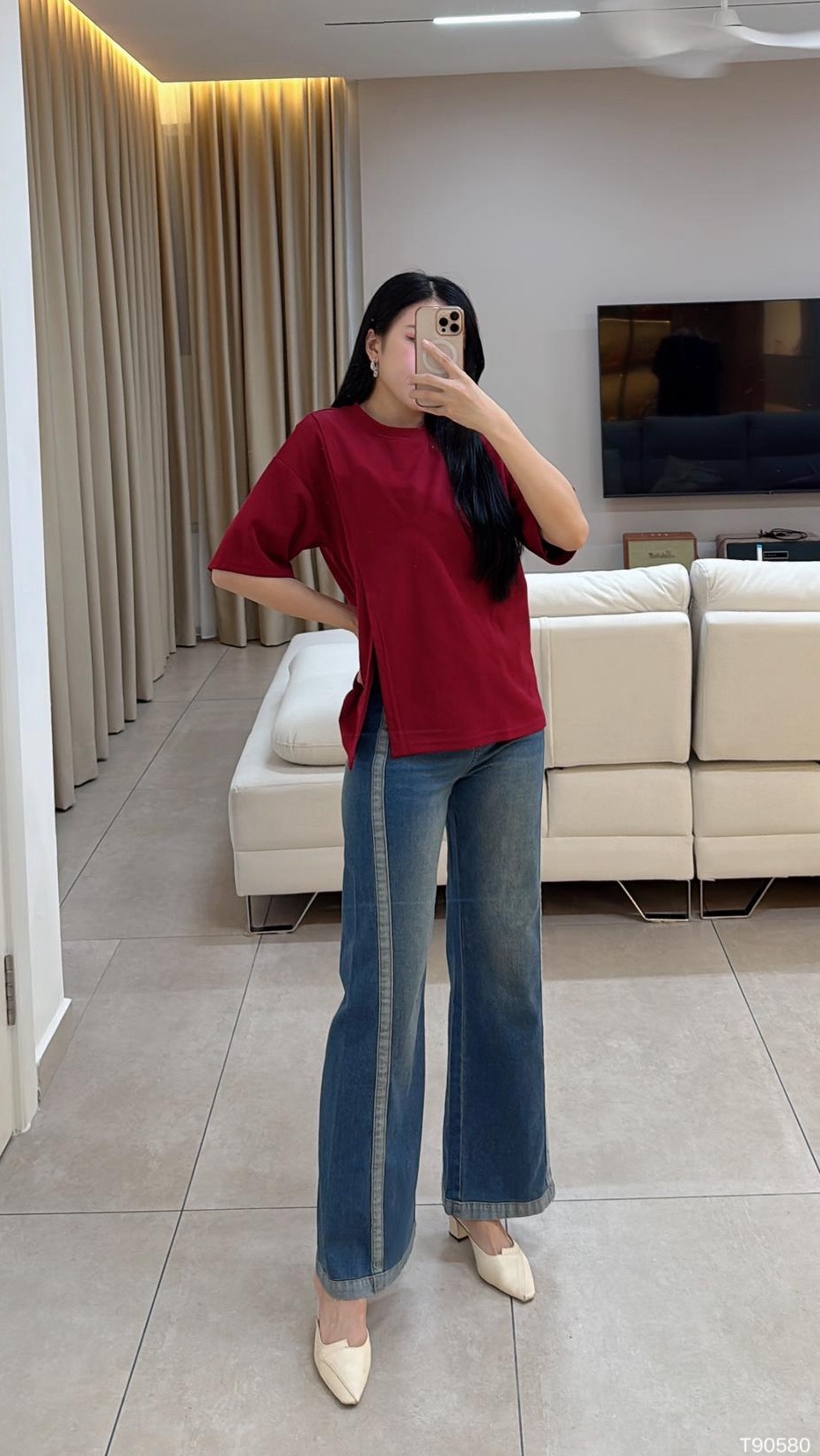 百搭不规则开叉设计宽松T恤 (T90580)