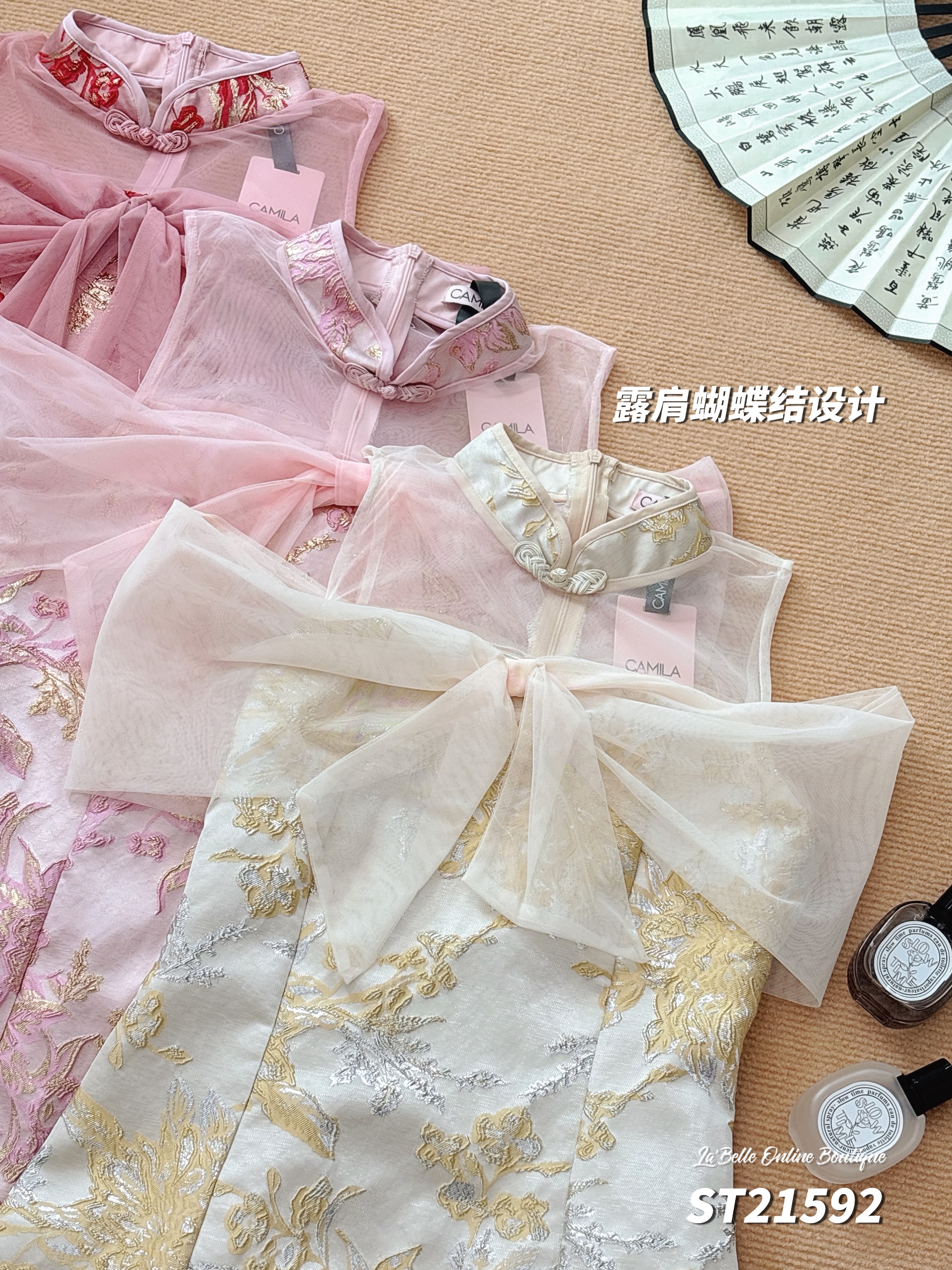 新中式露肩蝴蝶结设计连身裙 （ST21592）