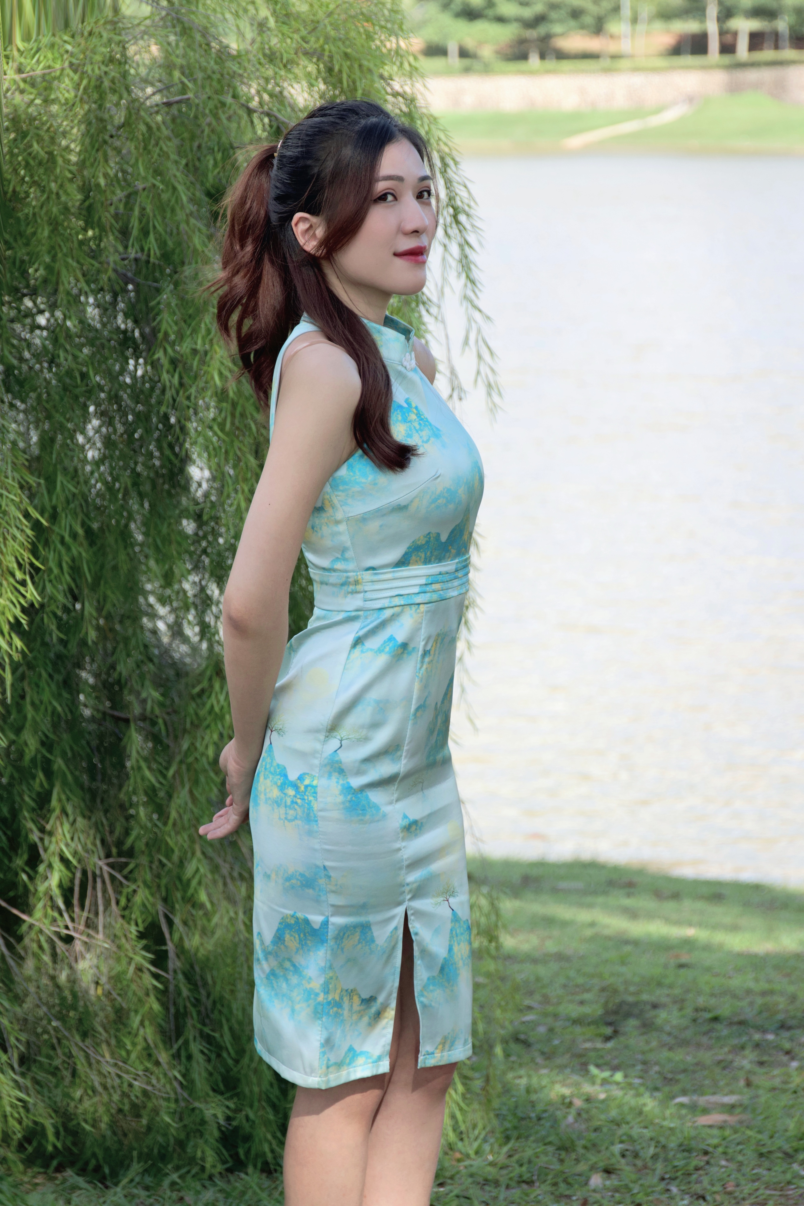 【LBP亲子系列】远山黛国风挂脖开叉设计改良版旗袍连身裙（F70106-妈妈款）