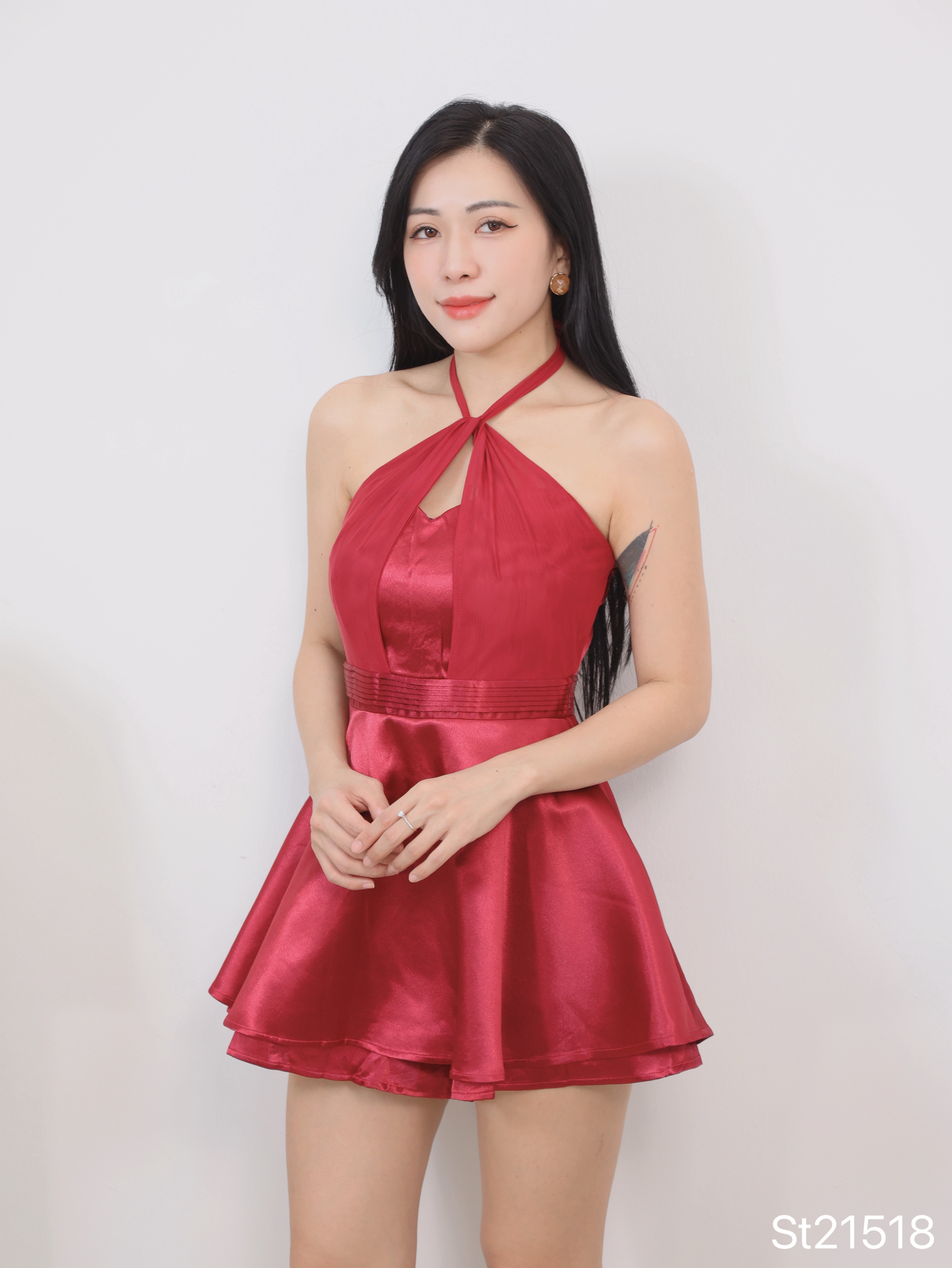 气质撞色挂脖抹胸设计连身裙 (ST21518)