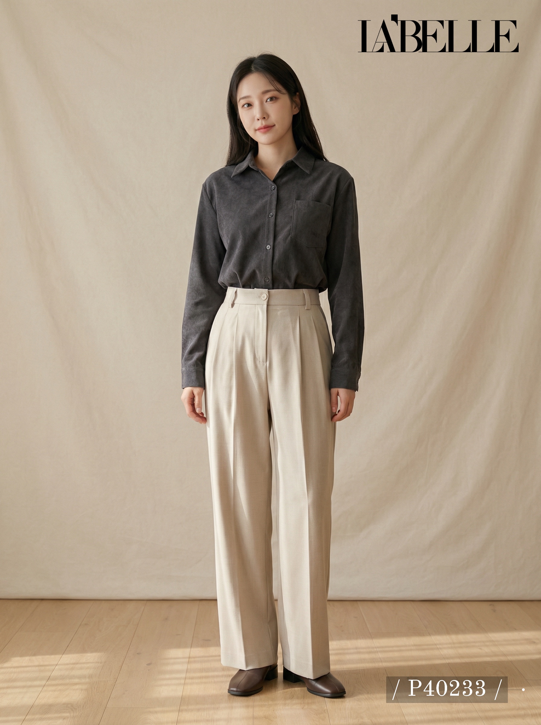  百搭压褶设计宽松直筒高腰长裤 (P40233)