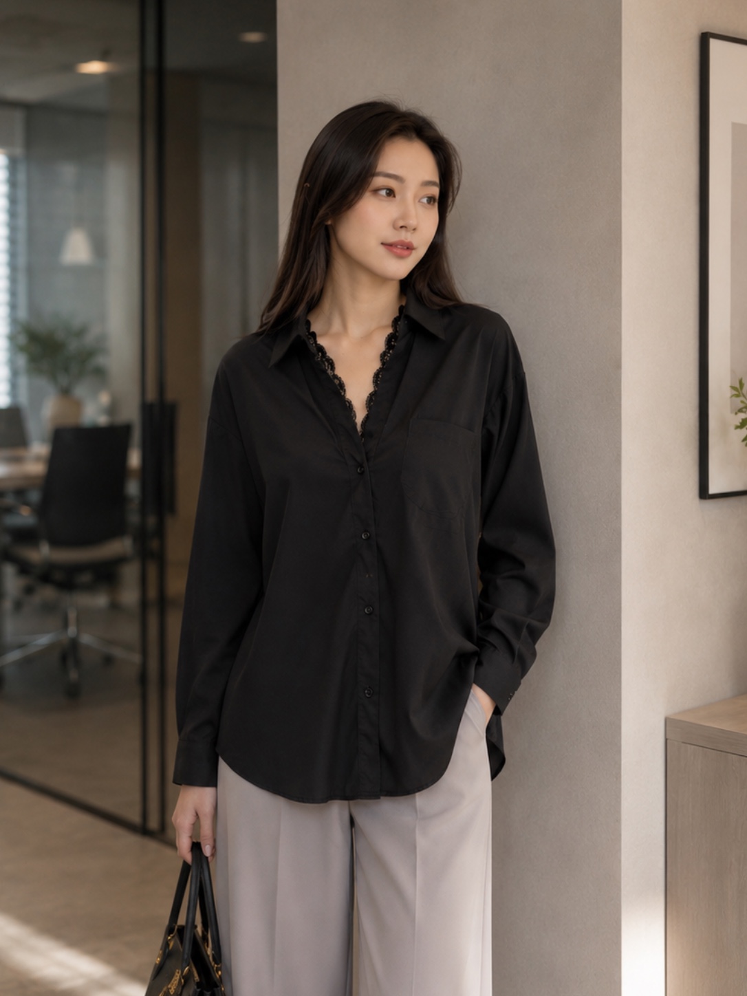 高级感蕾丝拼接翻领宽松长袖衬衫 (T90772)
