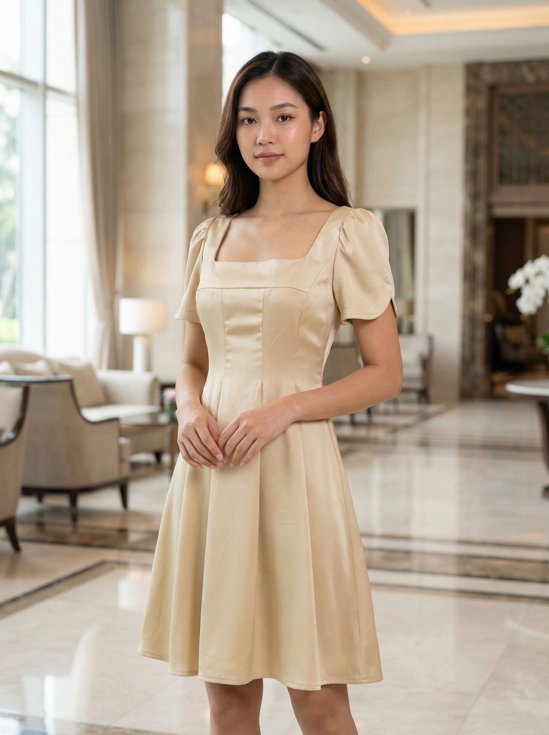 【LBP独家】法式方领泡泡袖设计连身裙 (ST21601)