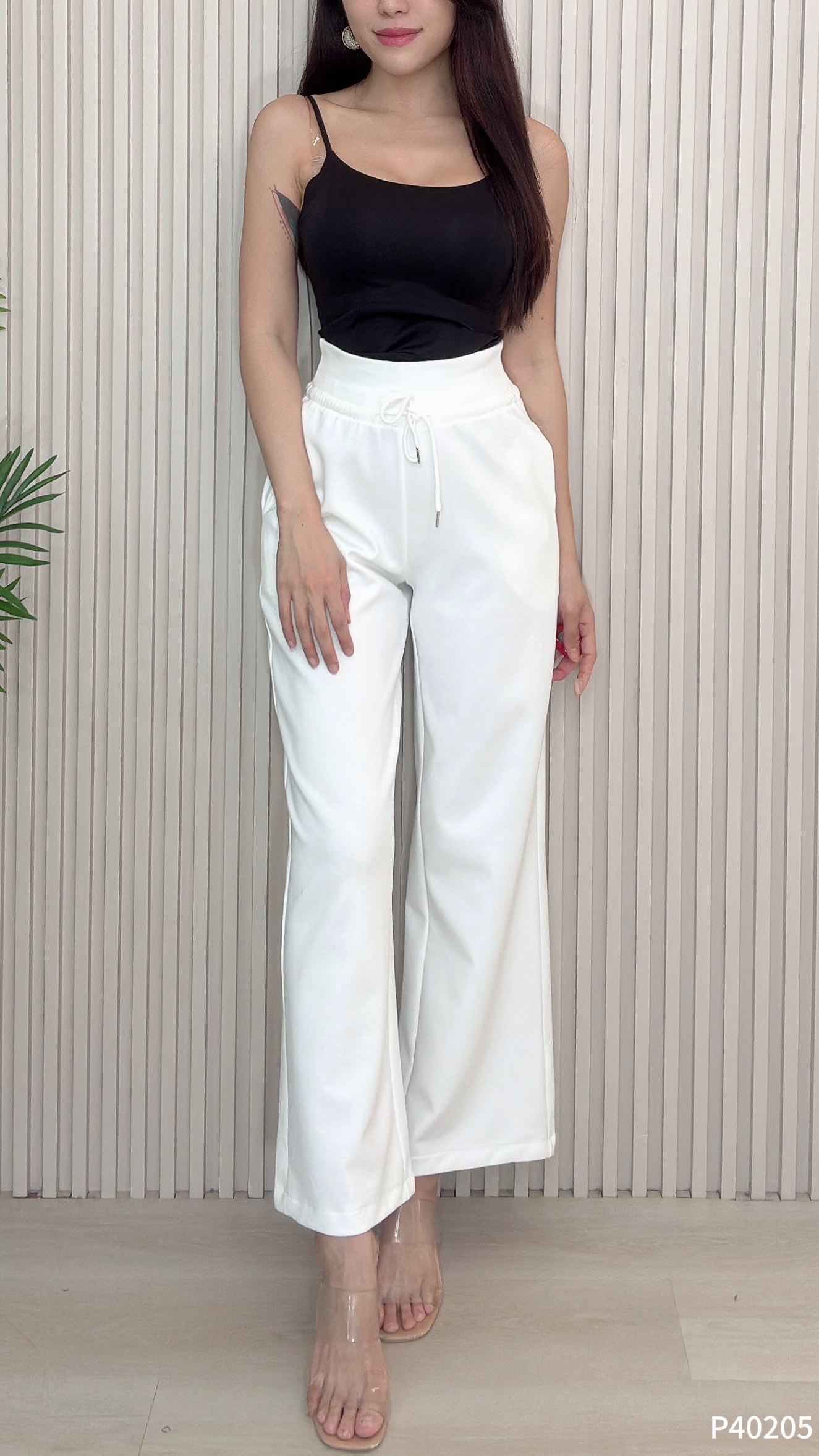 休闲抽绳设计直筒阔腿长裤 (P40205)
