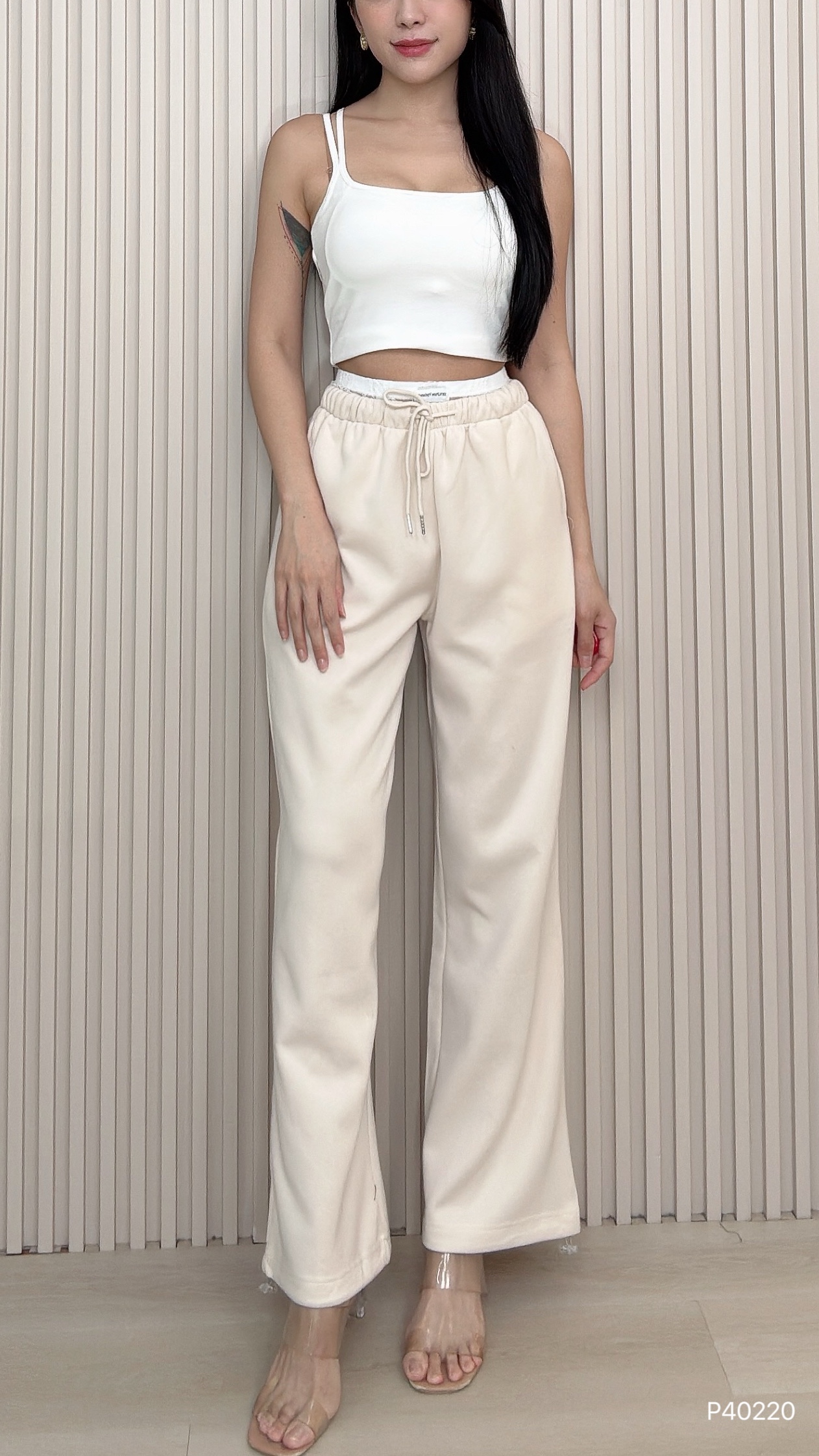 时尚蕾丝拼接抽绳设计高腰长裤 (P40220)