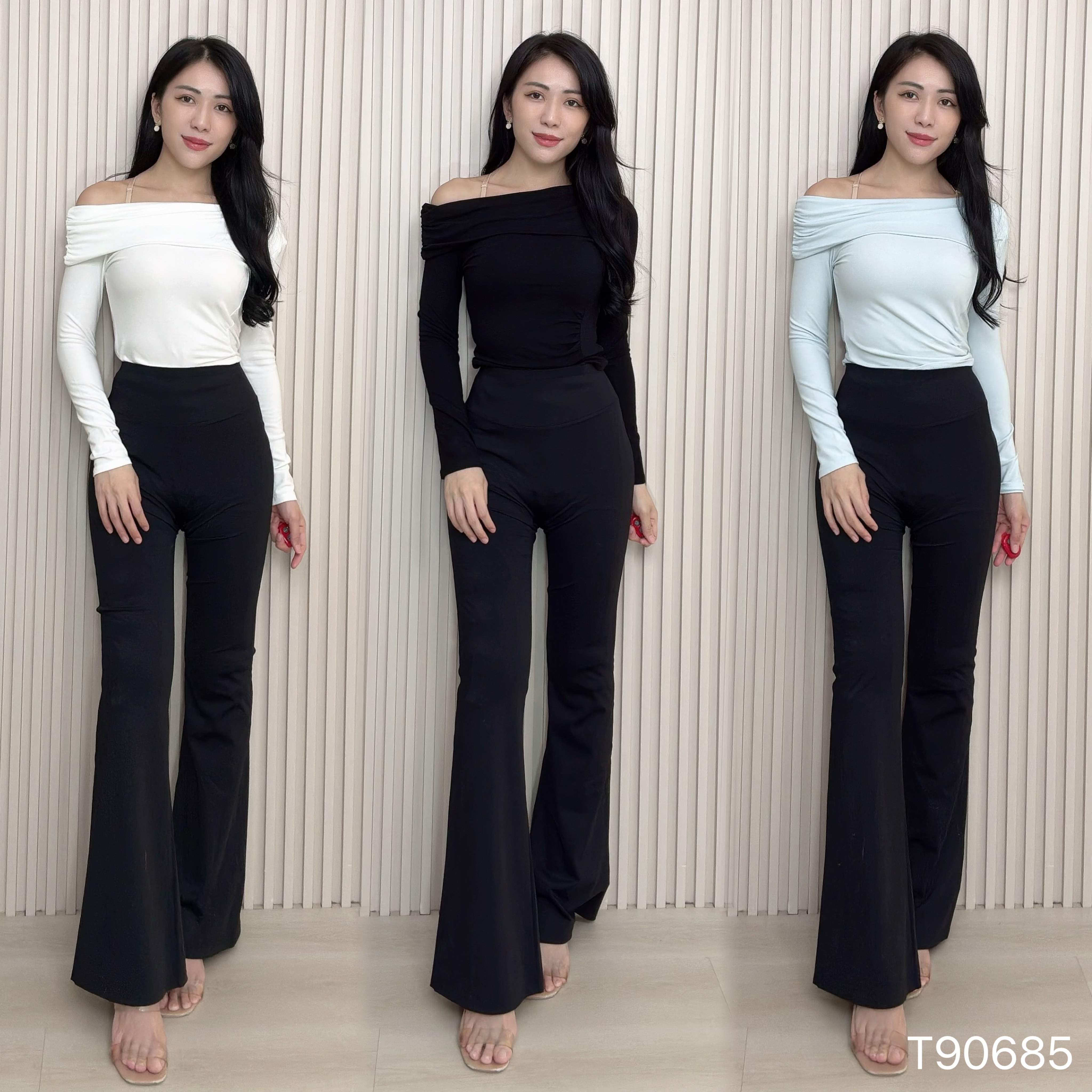 法式斜肩压皱设计长袖上衣 (T90685)