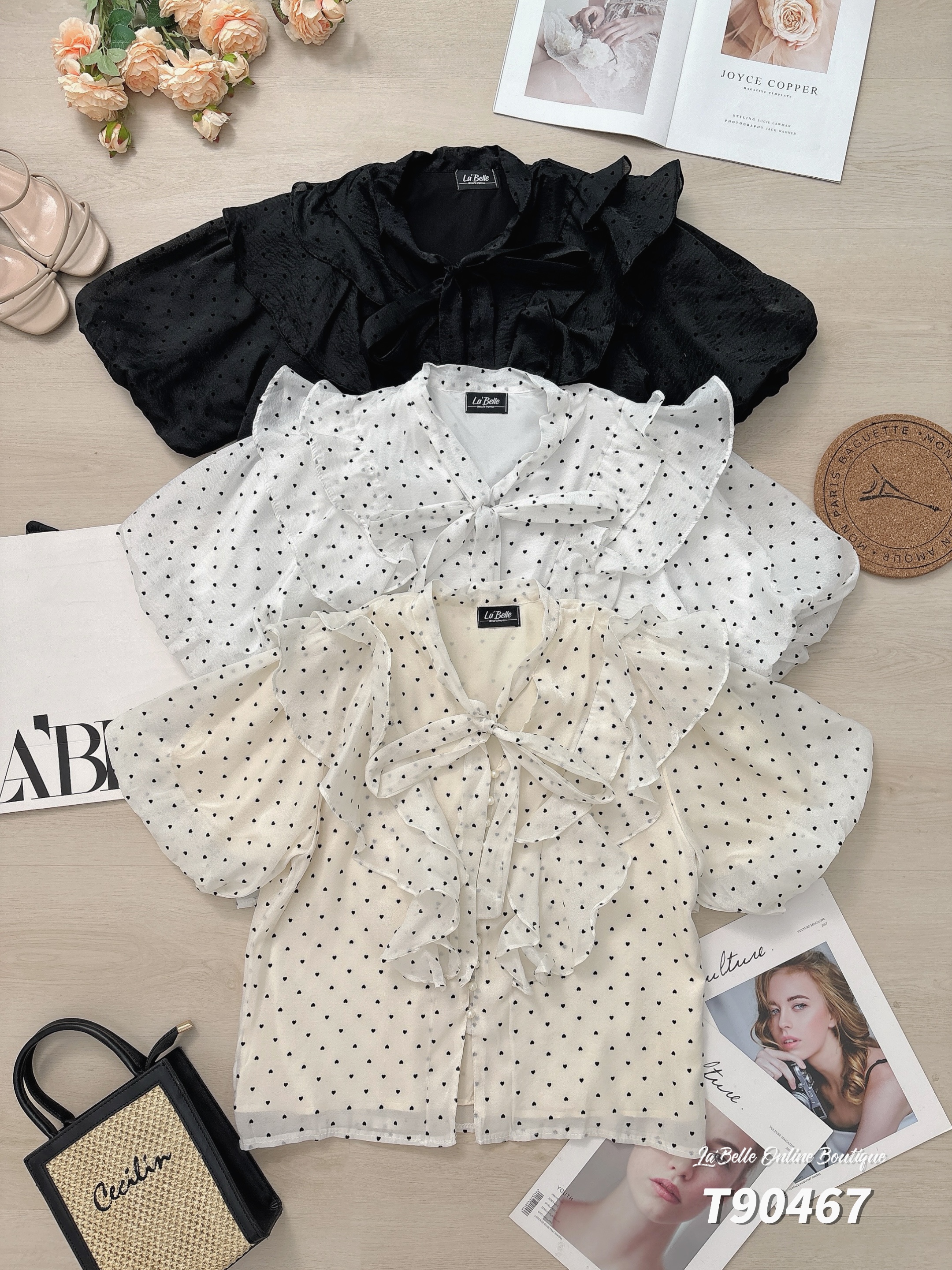 甜美荷叶边爱心波点设计V领上衣 (T90467)