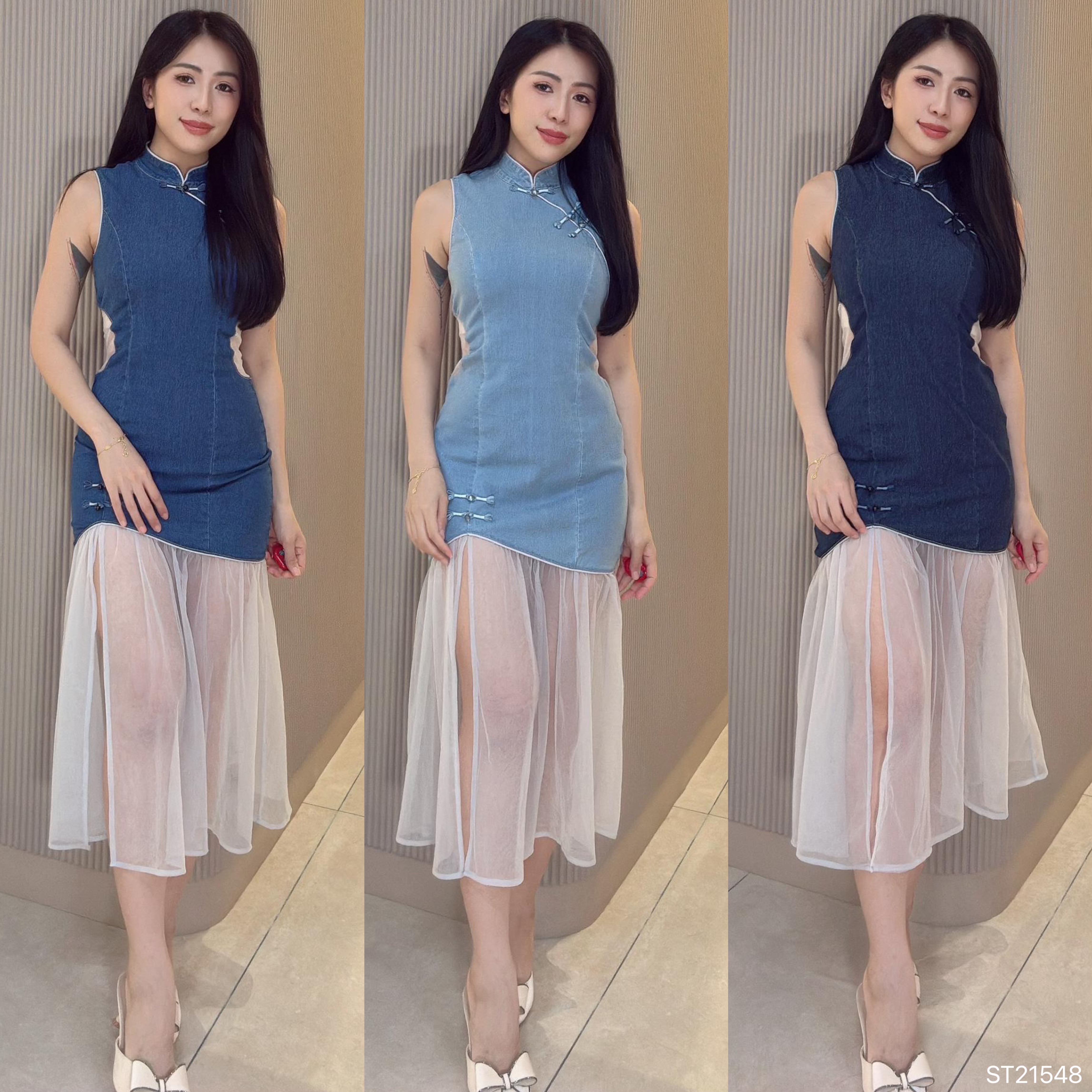 新中式露腰网纱拼接设计无袖牛仔旗袍 (ST21548)