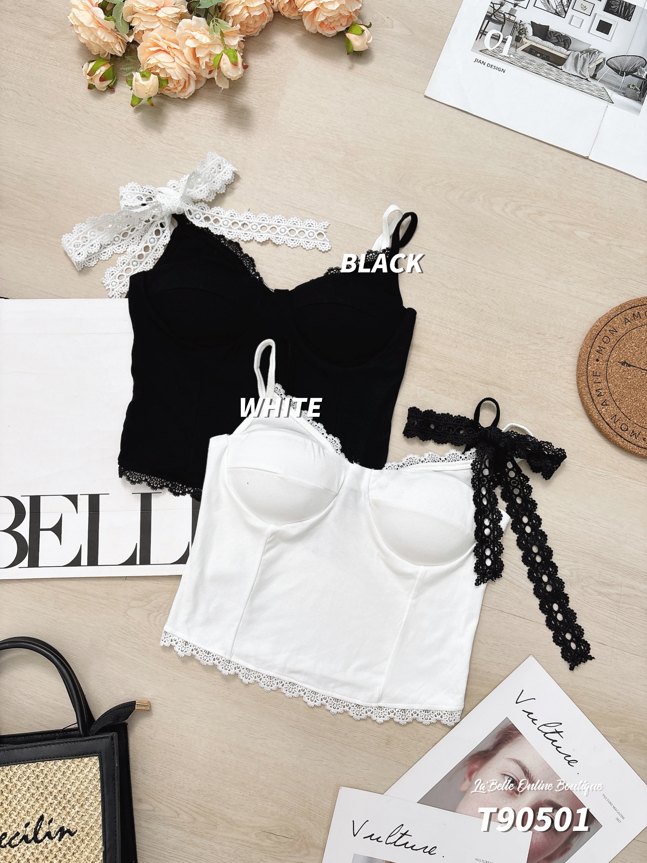 撞色蕾丝拼接设计双带上衣 (T90501)