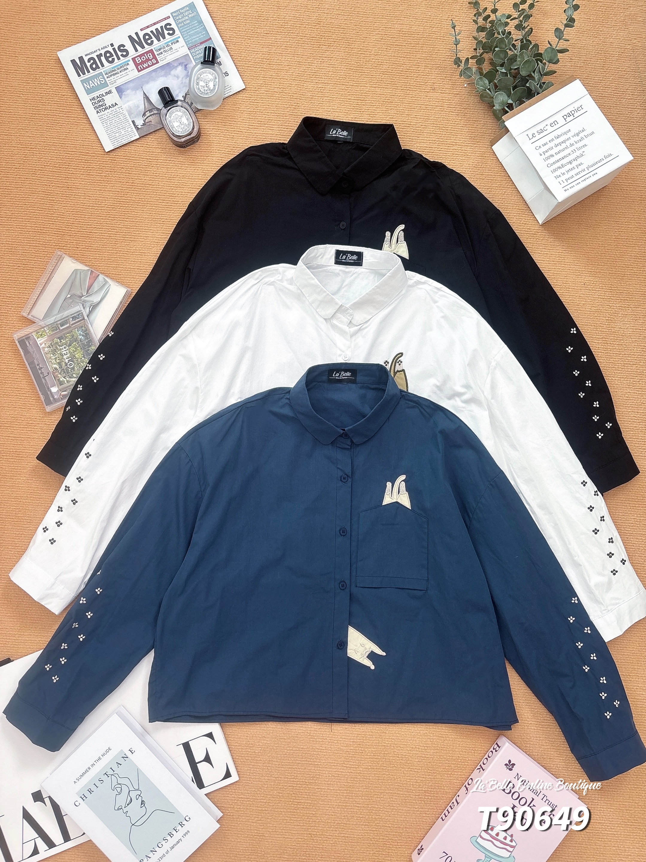 设计感翻领刺绣设计长袖上衣 (T90649)