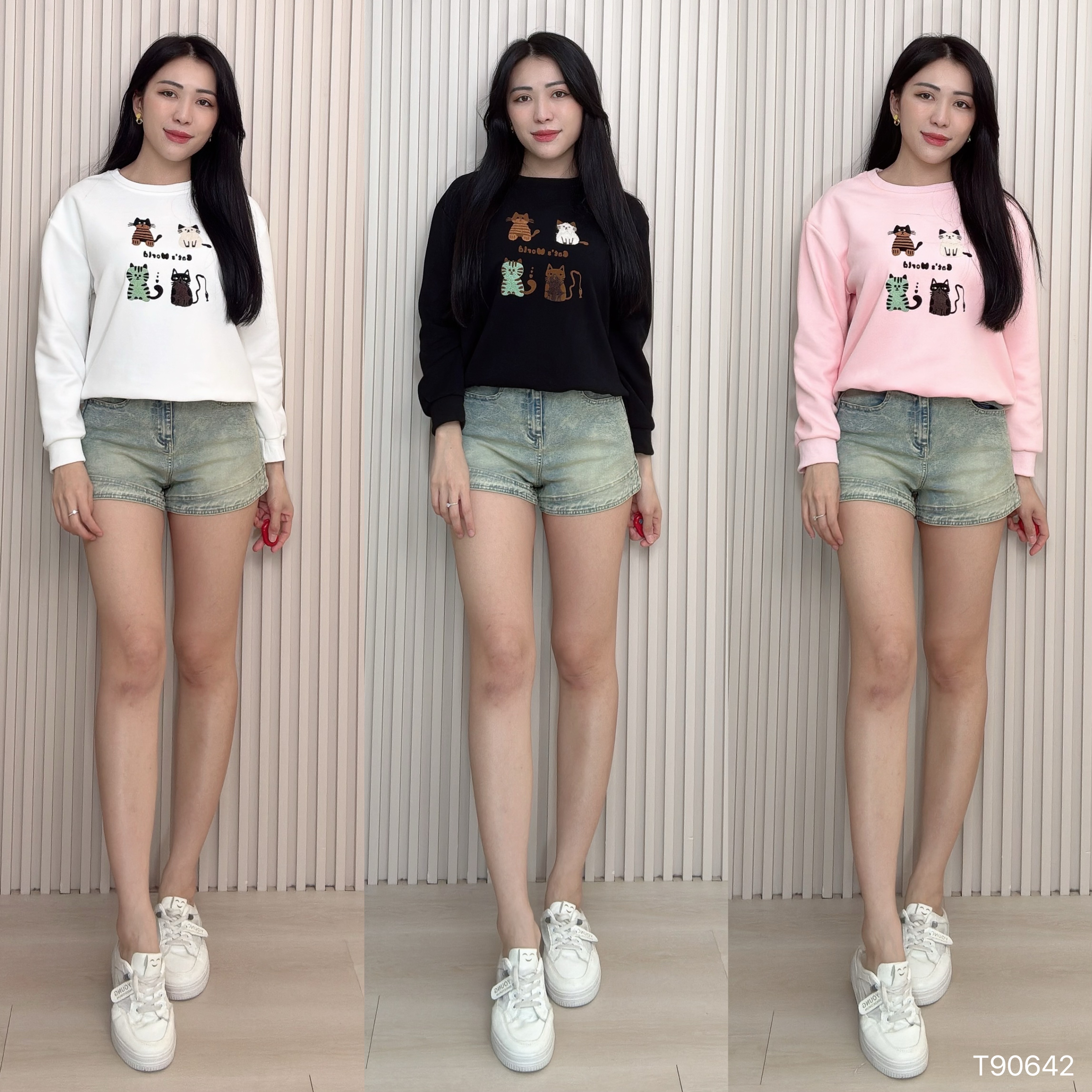 慵懒风猫咪图案圆领长袖卫衣 (T90642)