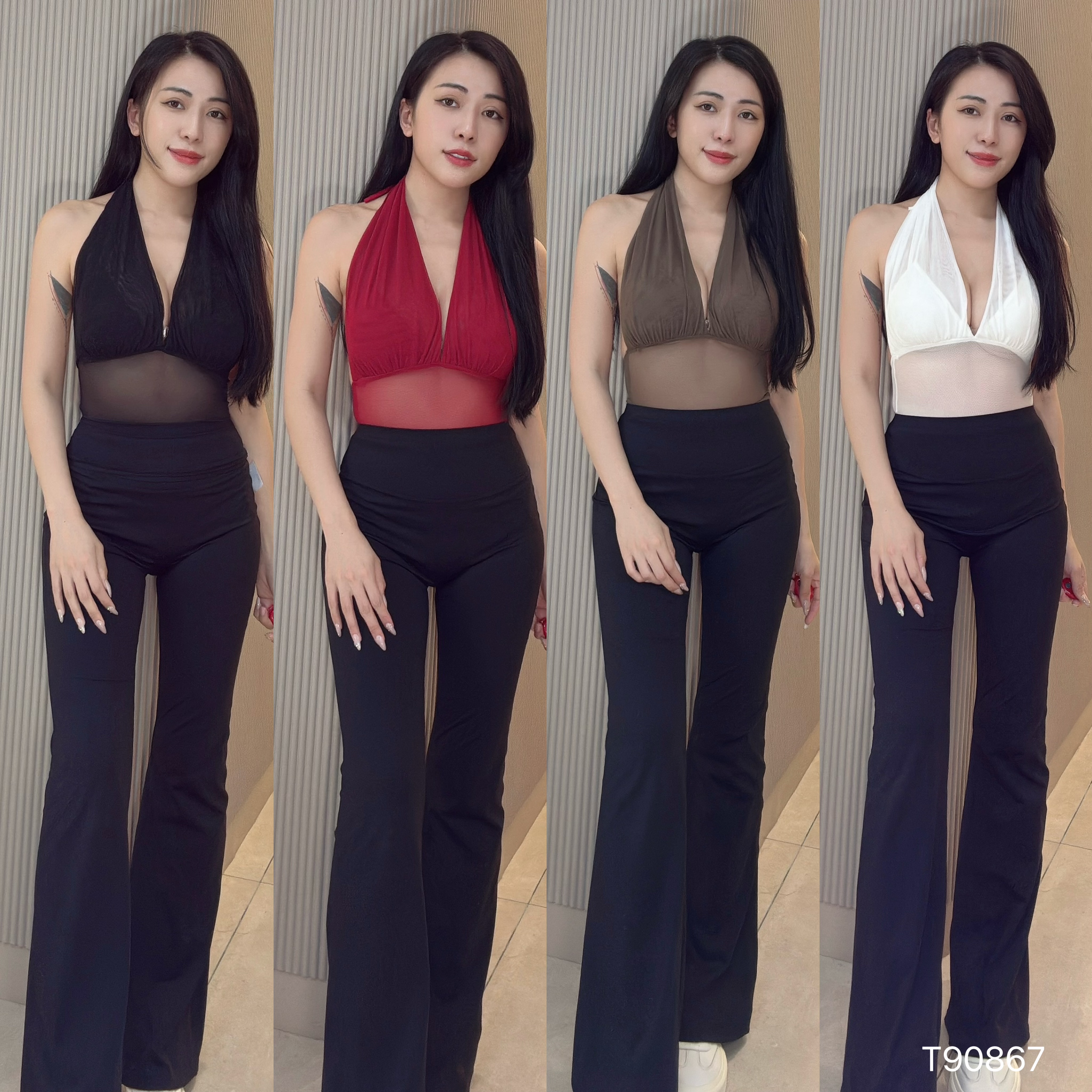性感网纱挂脖系带美背上衣 (T90867)