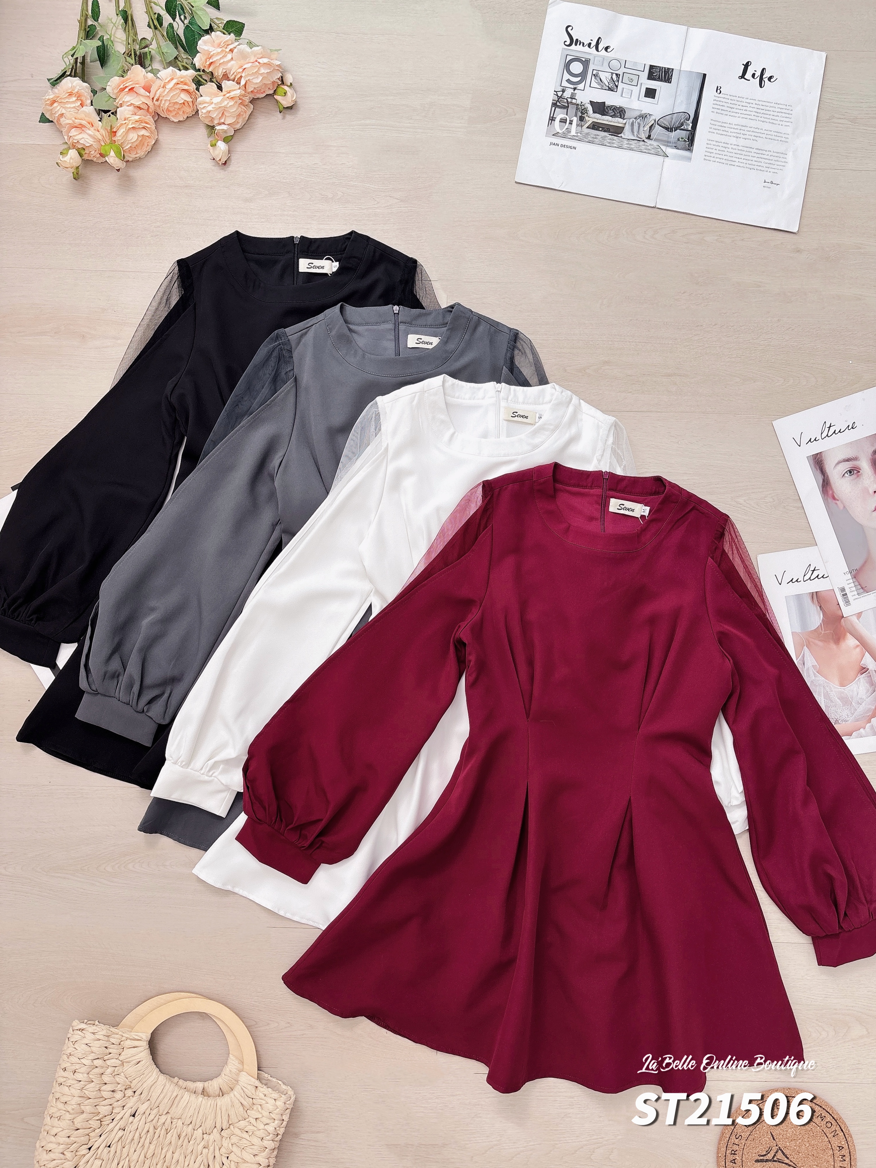 高级感压褶微透设计长袖连身裙 (ST21506)