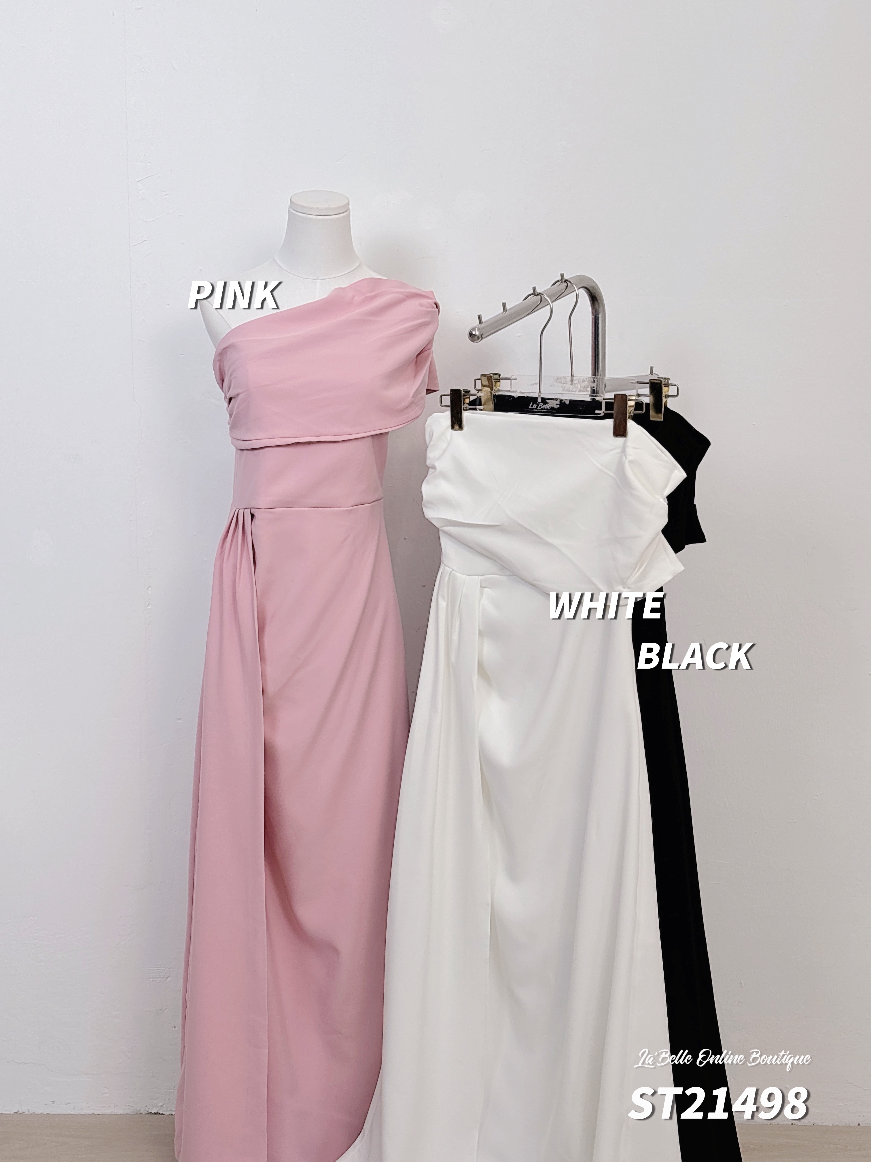 绝美一字斜肩压褶设计抹胸宴会连身裙 (ST21498)