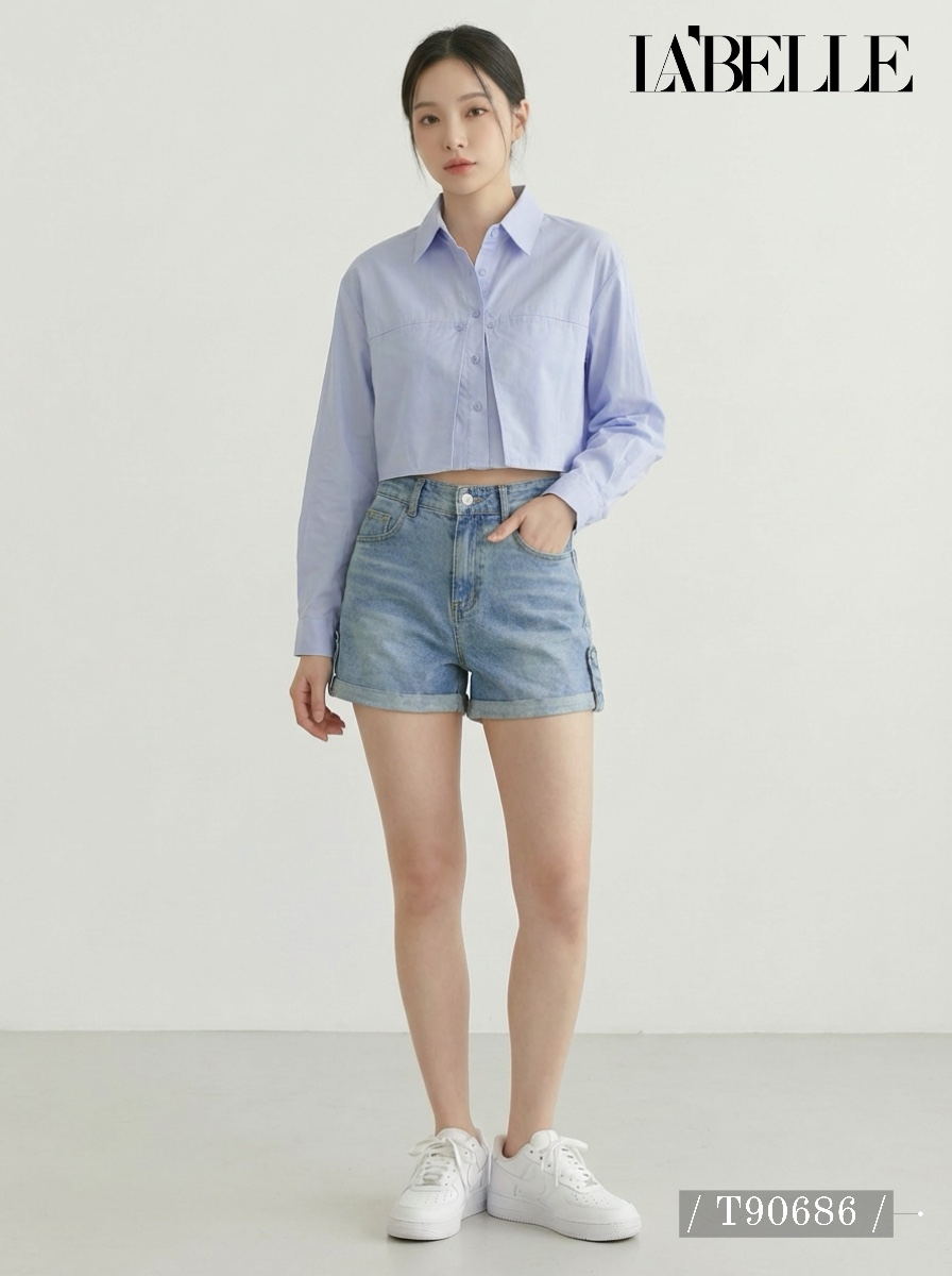 设计感翻领短款长袖衬衫 (T90686)