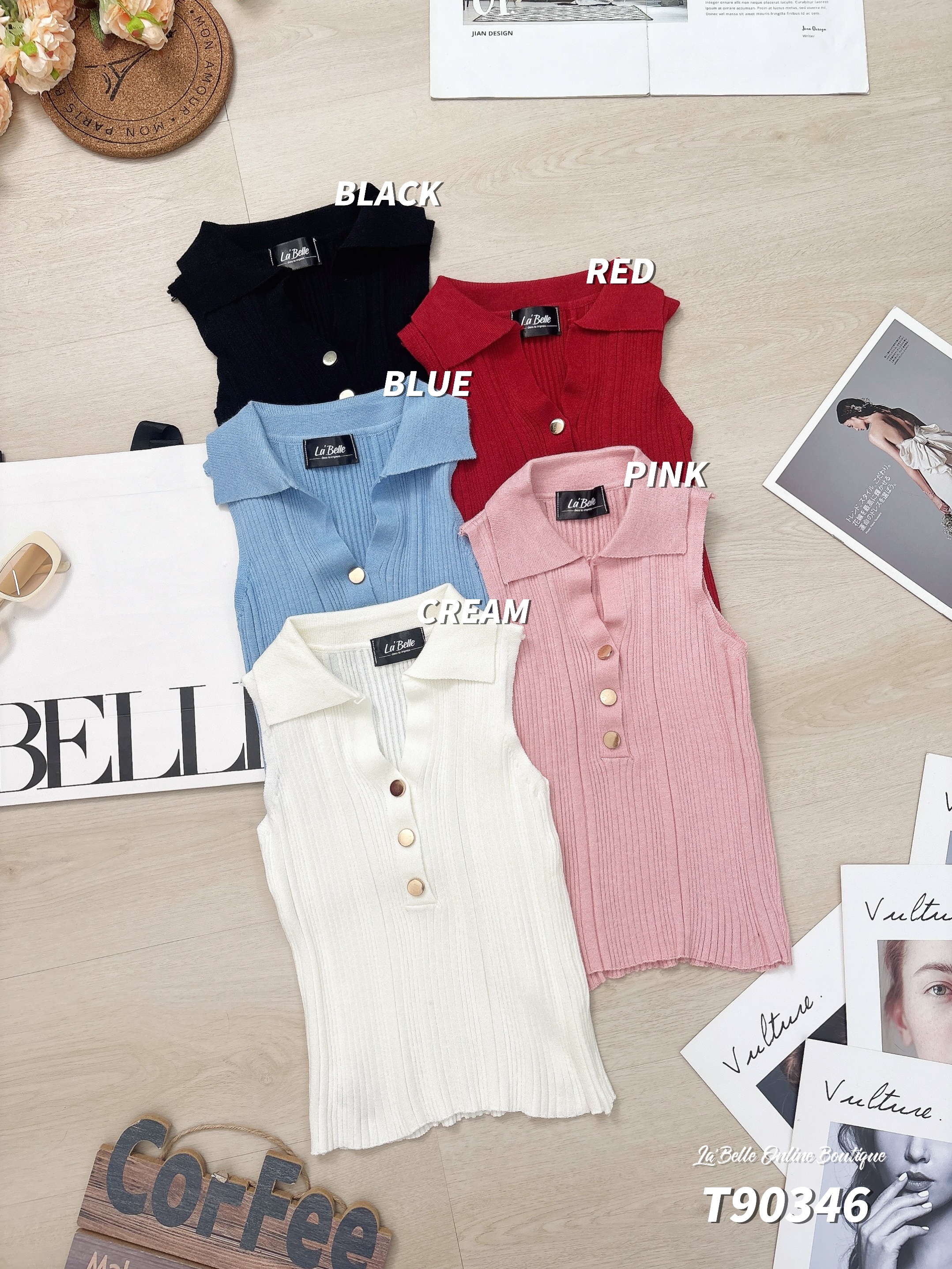POLO领坑条金扣设计无袖上衣 (T90346)-La'Belle Fashion Boutique Sdn Bhd