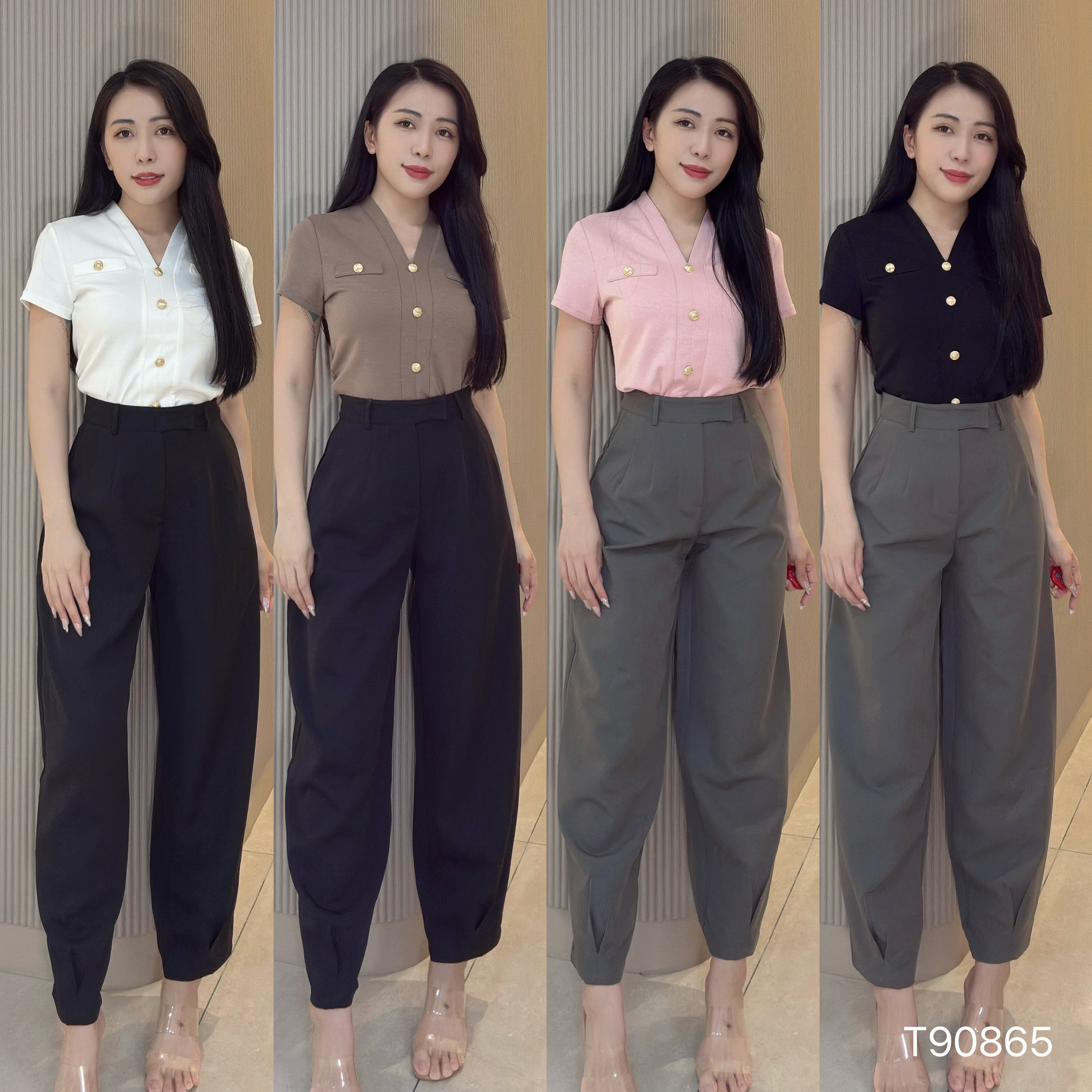 法式气质V领金纽扣设计修身上衣 (T90865)