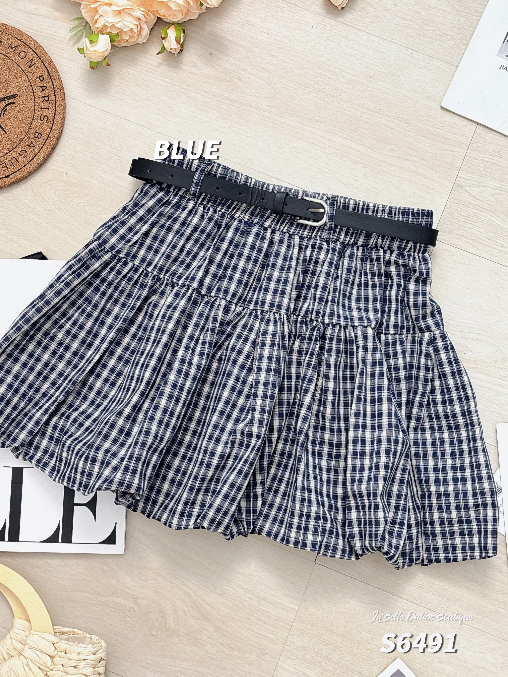 复古格子花苞设计高腰裤裙 (S6491)