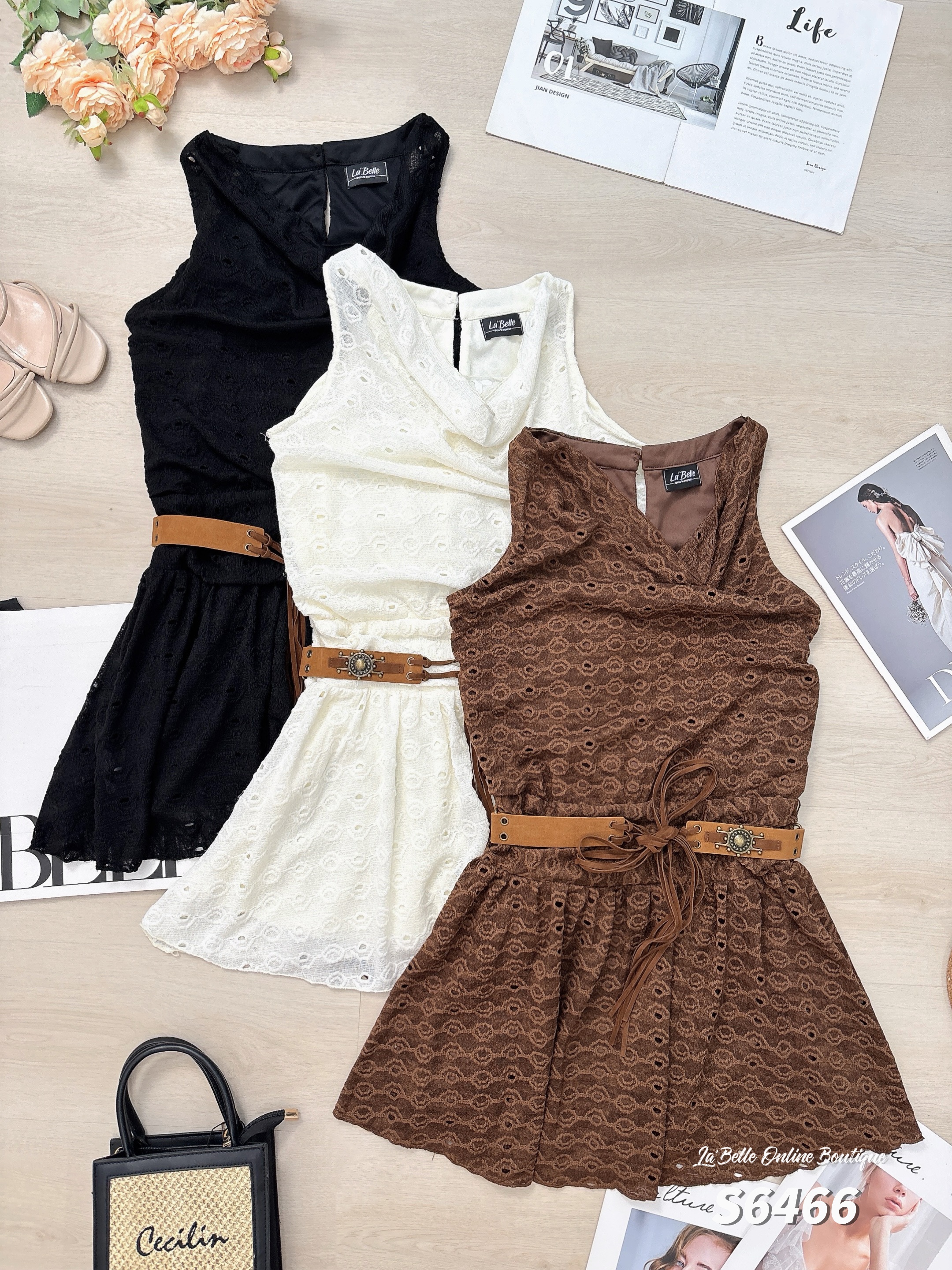 法式度假风镂空褶皱设计无袖连身裙 (S6466)