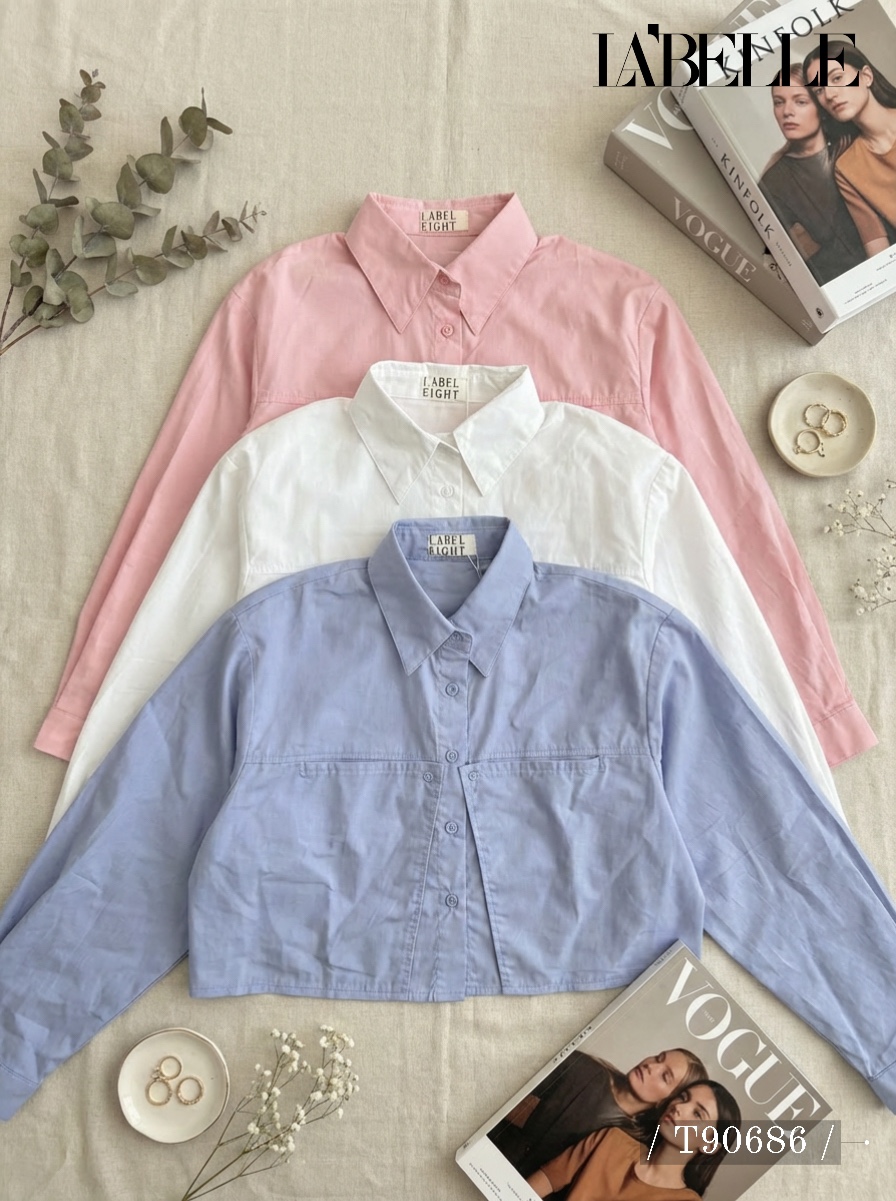 设计感翻领短款长袖衬衫 (T90686)