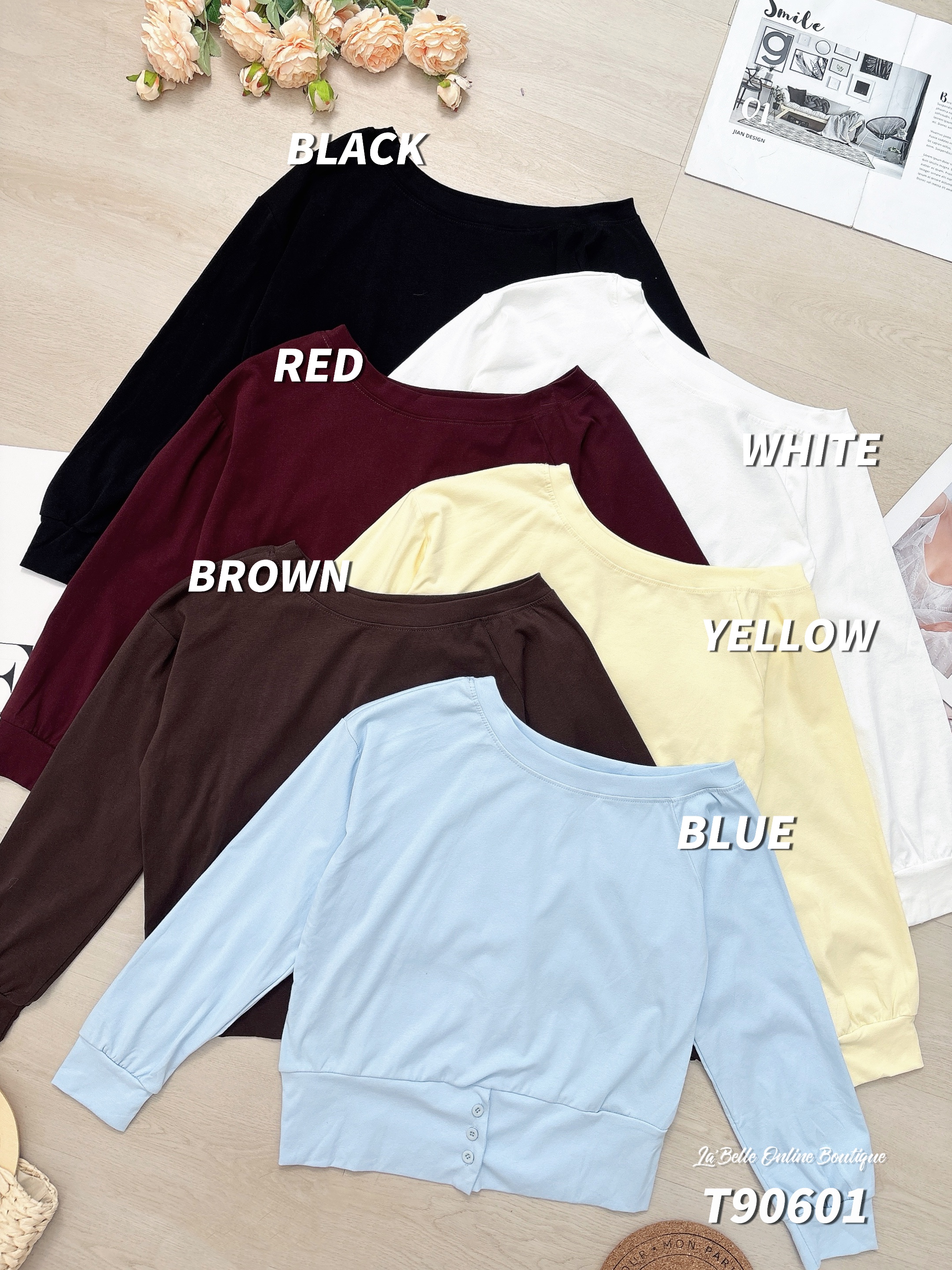 慵懒宽松斜肩设计长袖上衣 (T90601)