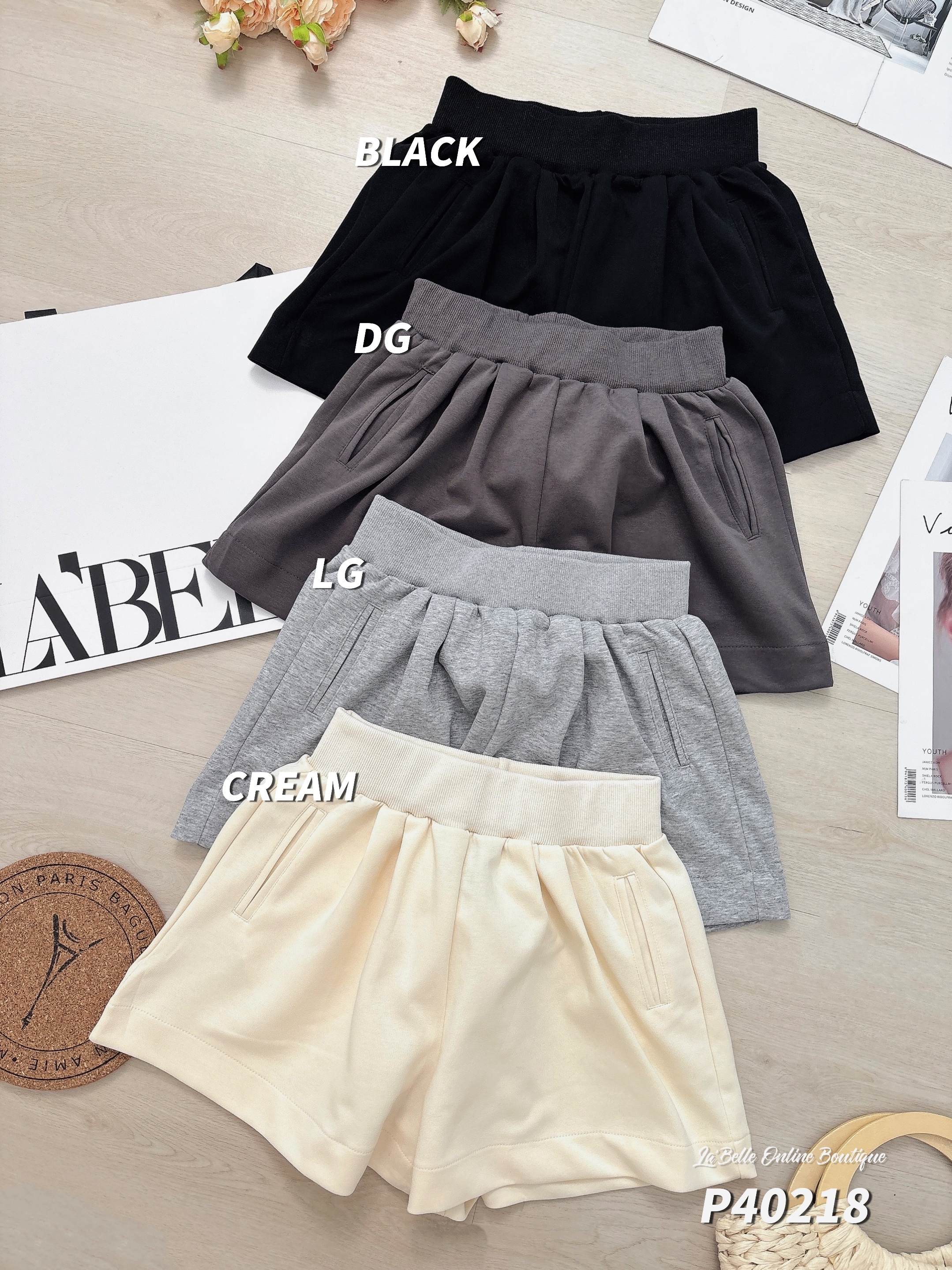 百搭压褶设计阔腿高腰短裤 (P40218)