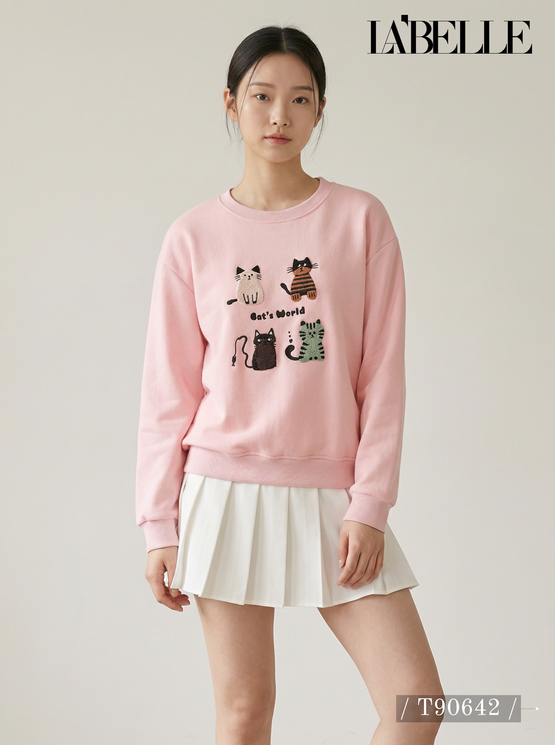 慵懒风猫咪图案圆领长袖卫衣 (T90642)