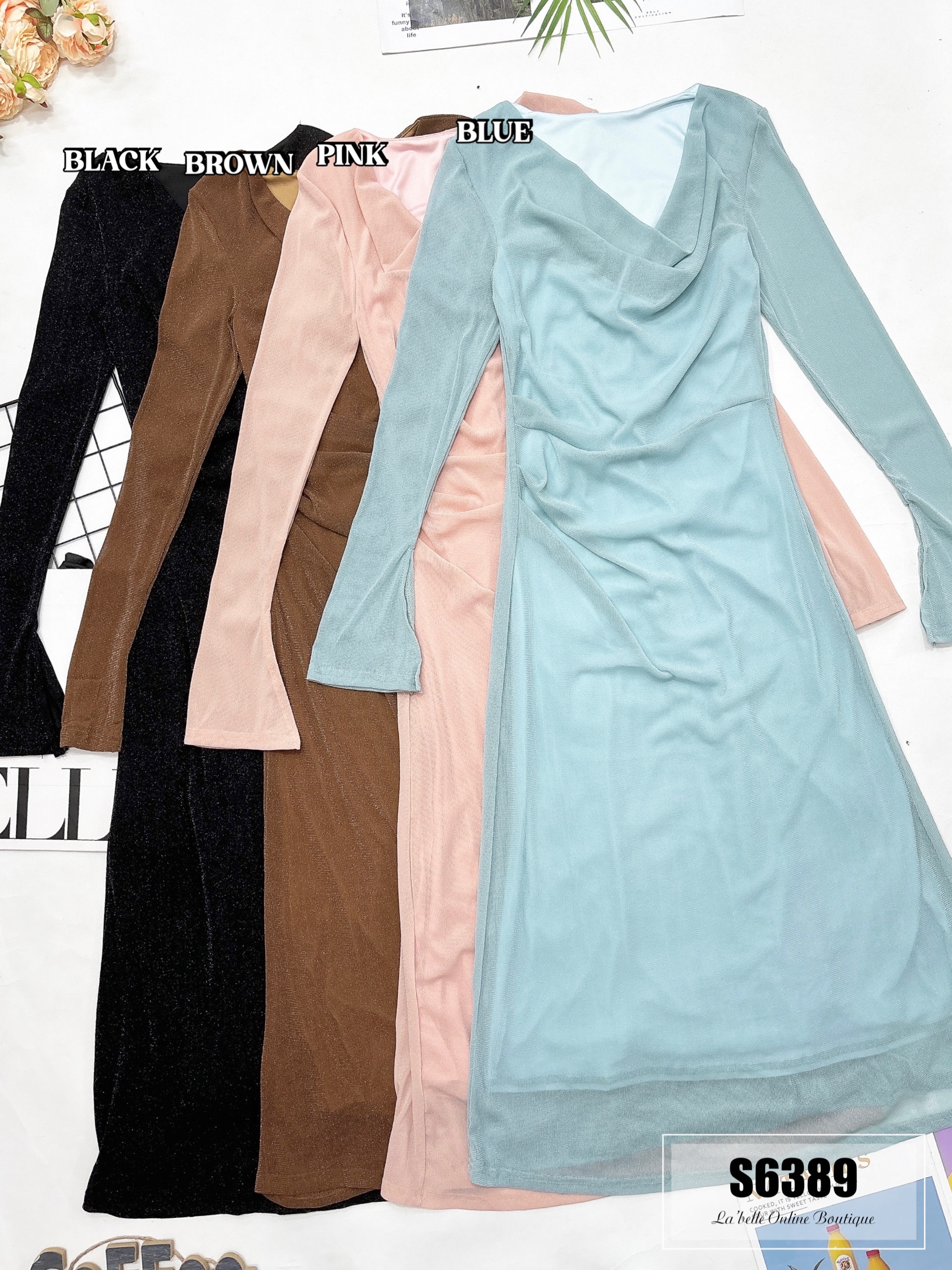 气质亮丝修身连身长裙 (S6389)