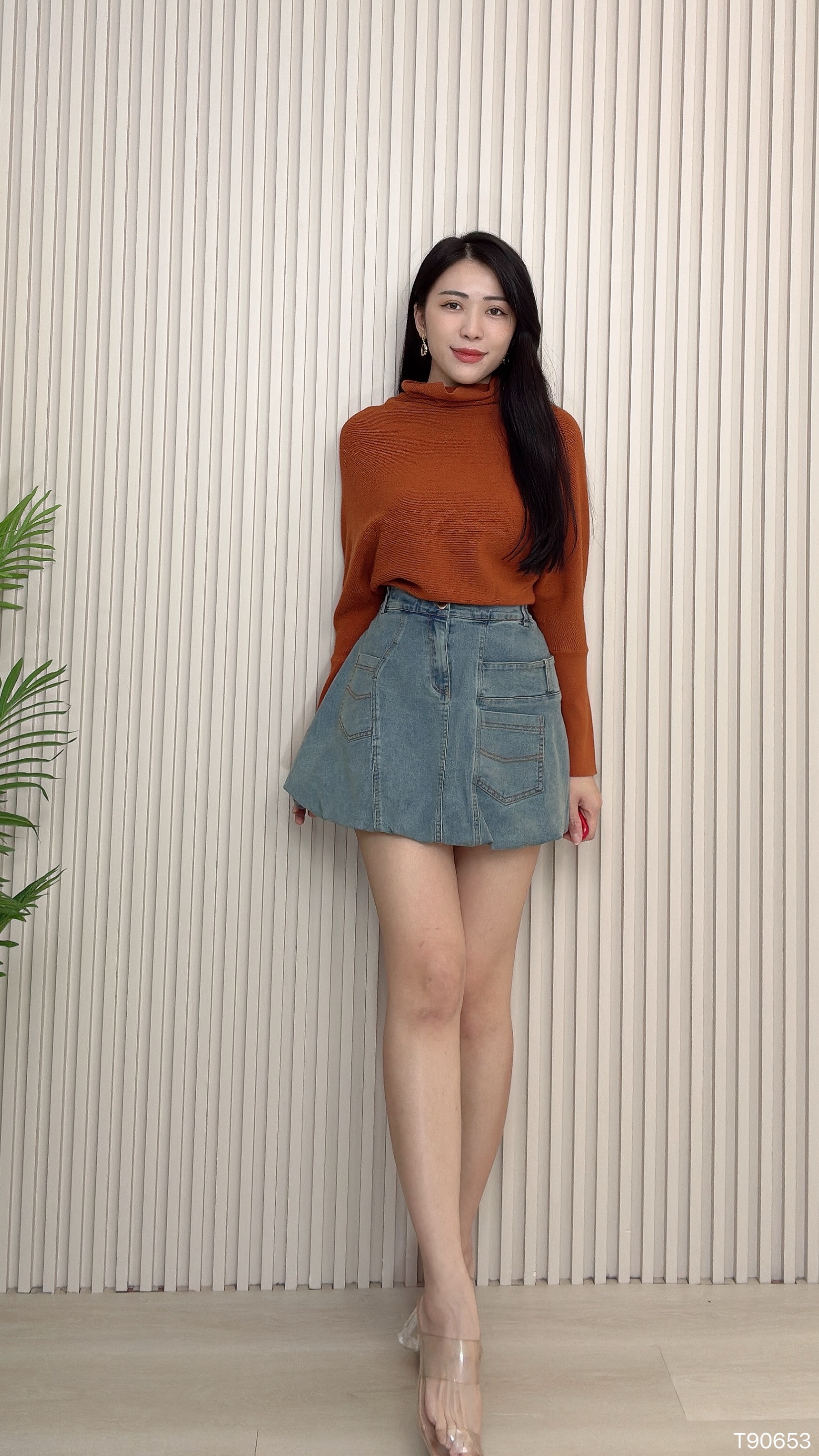 赫本风高领蝙蝠袖设计上衣 (T90653)